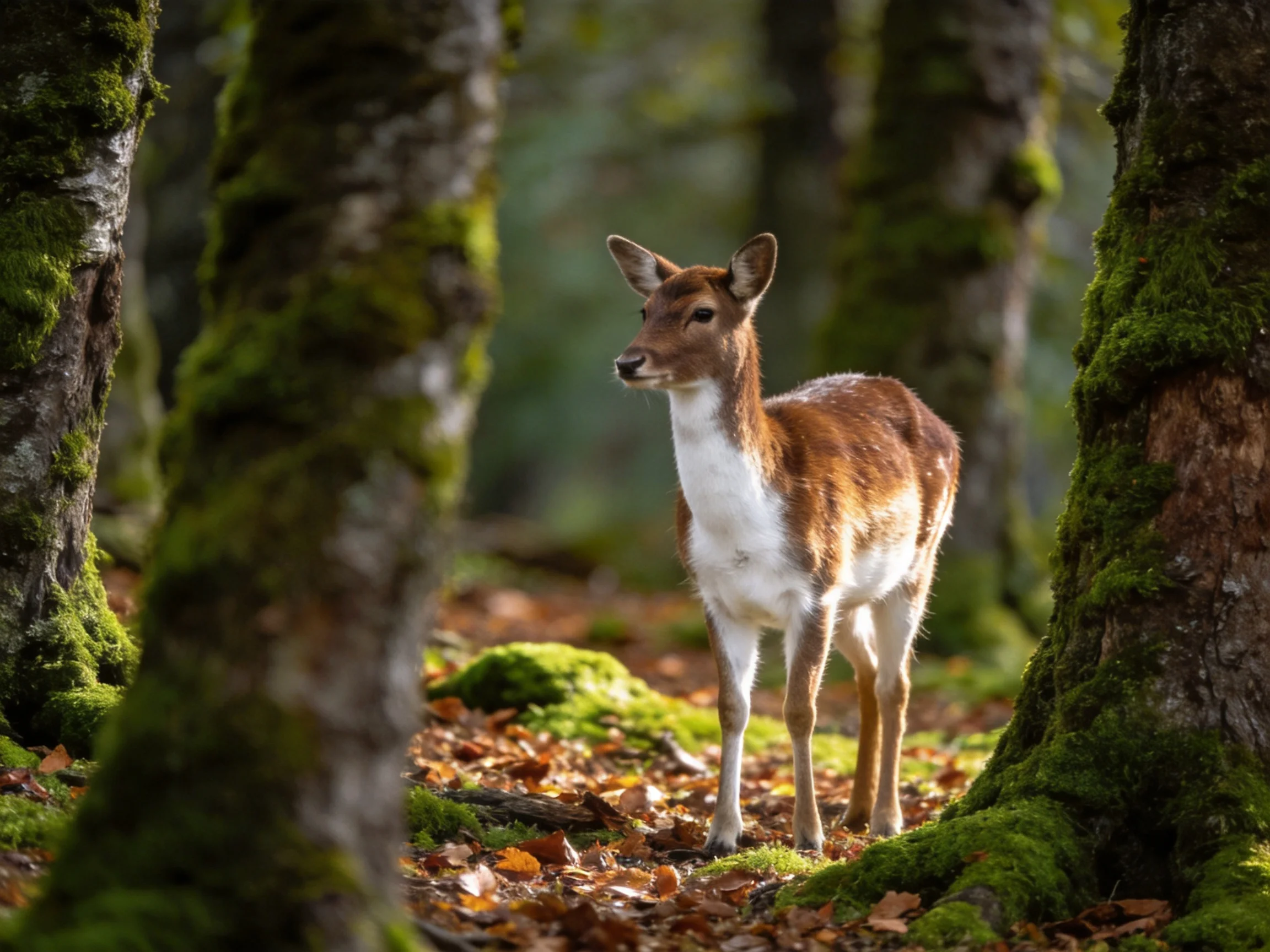 A young deer stands among moss-covered trees in a sunlit forest