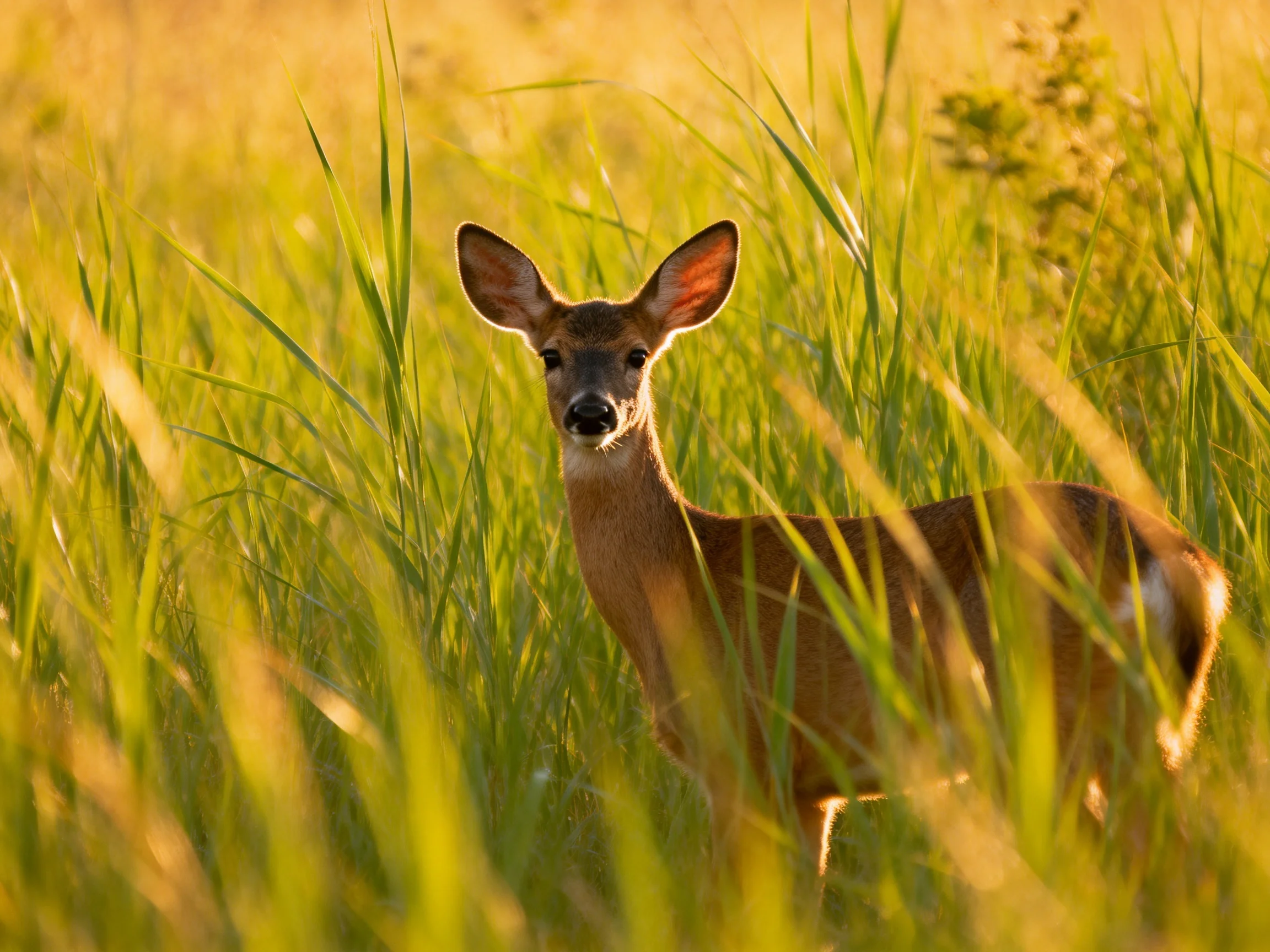 A young deer stands among tall golden-green grasses under warm sunlight