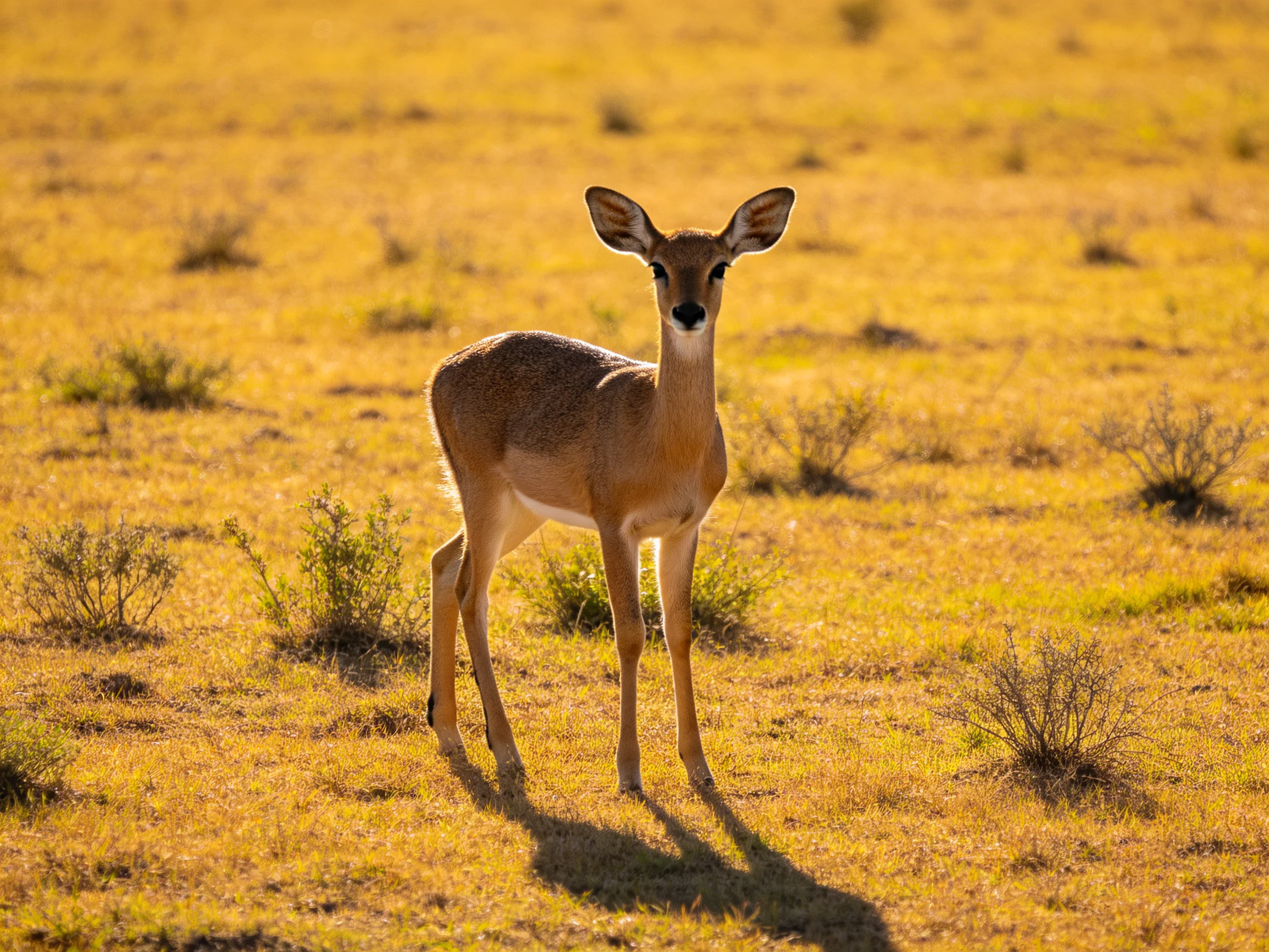 A young deer stands in a golden savannah landscape