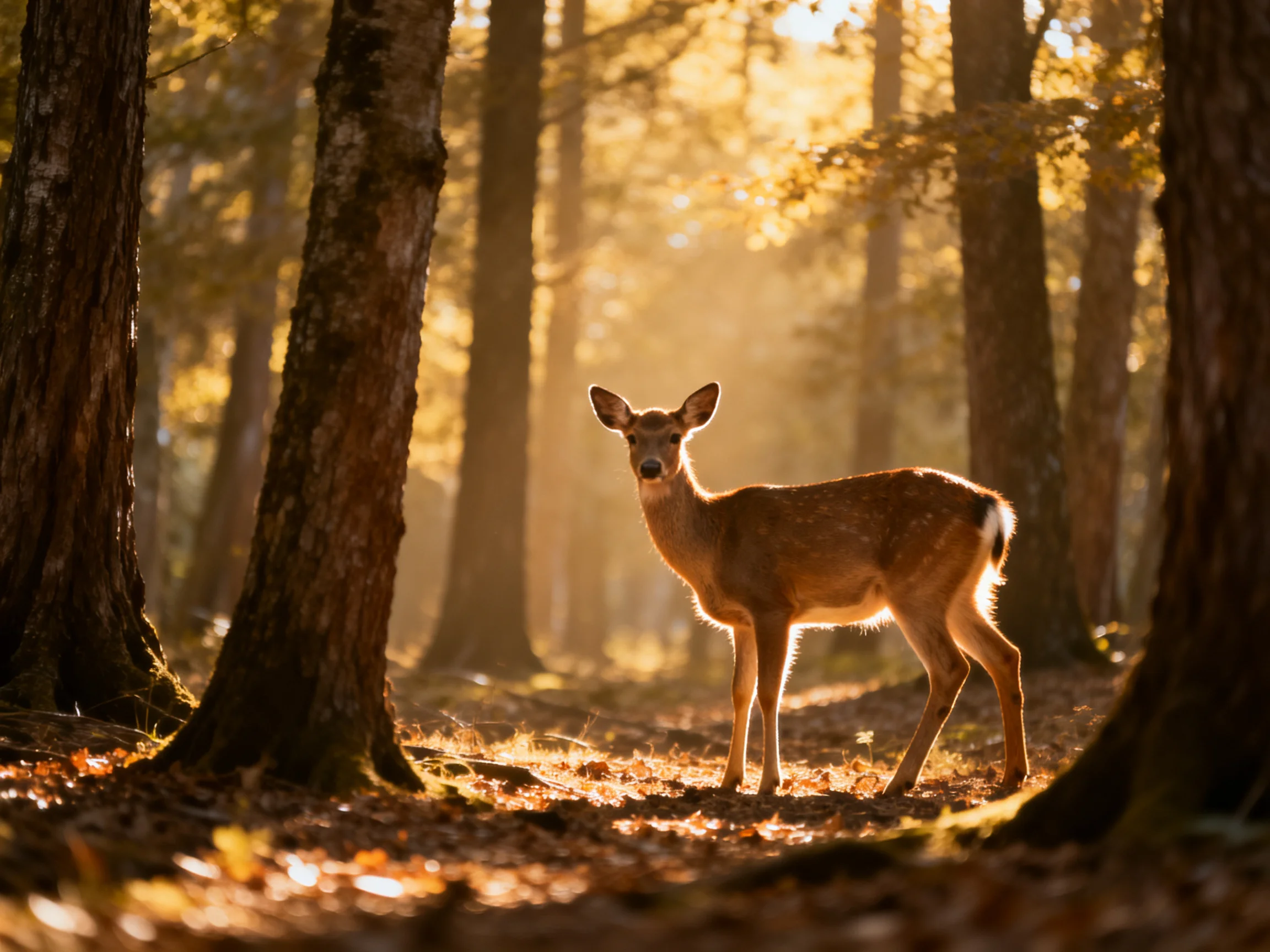 A young deer stands in a sunlit forest with tall brown-trunked trees.