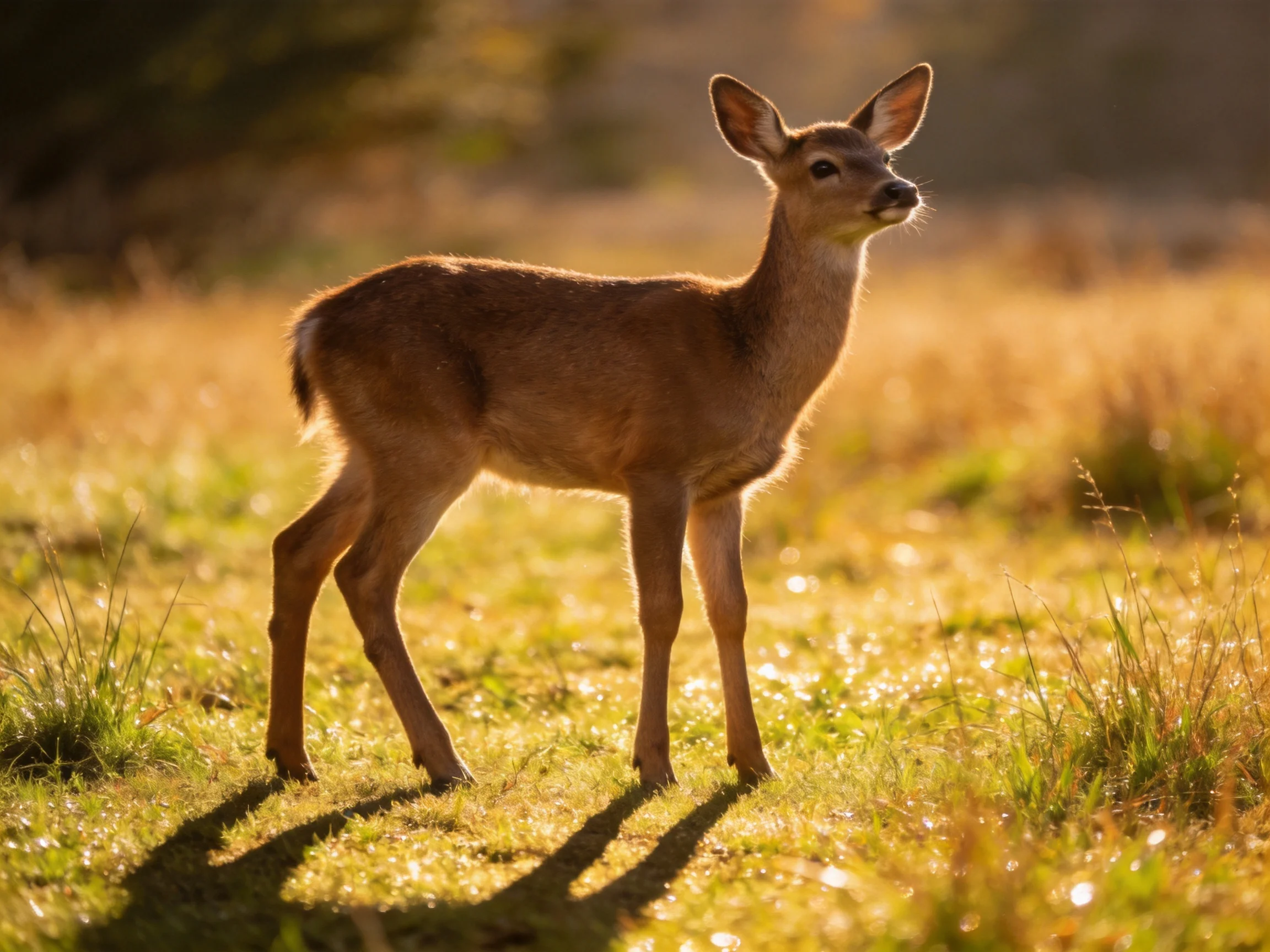 A young deer stands in a sunlit golden meadow