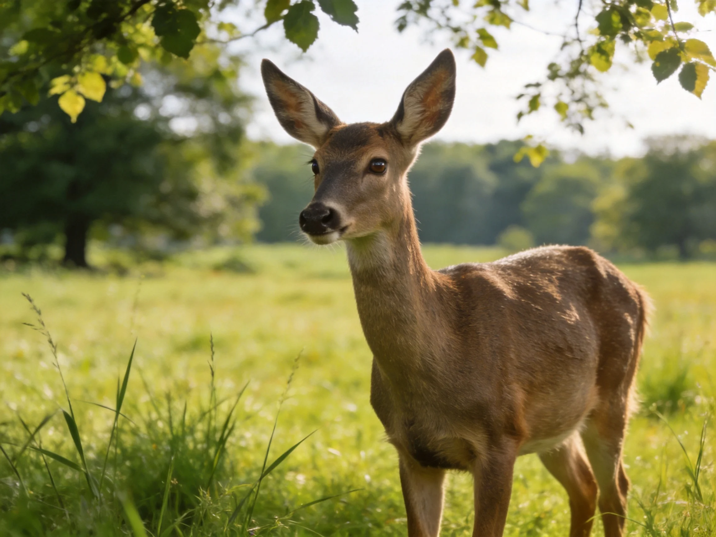 A young deer stands in a sunlit green meadow near leafy trees