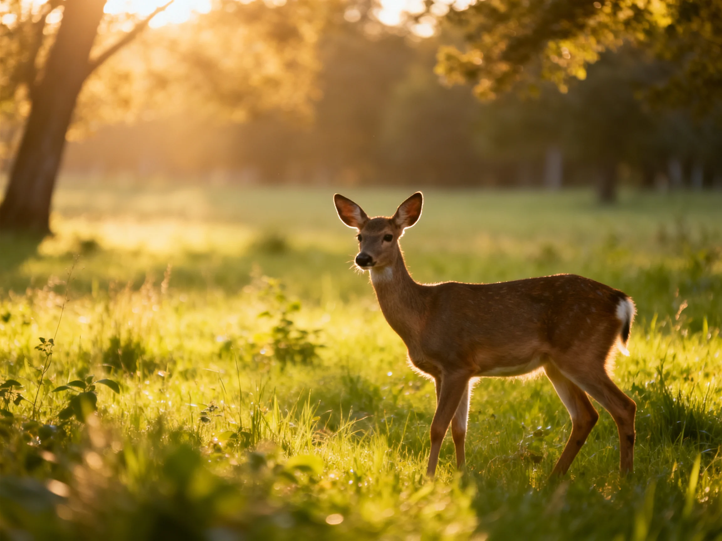 A young deer stands in a sunlit meadow near trees.