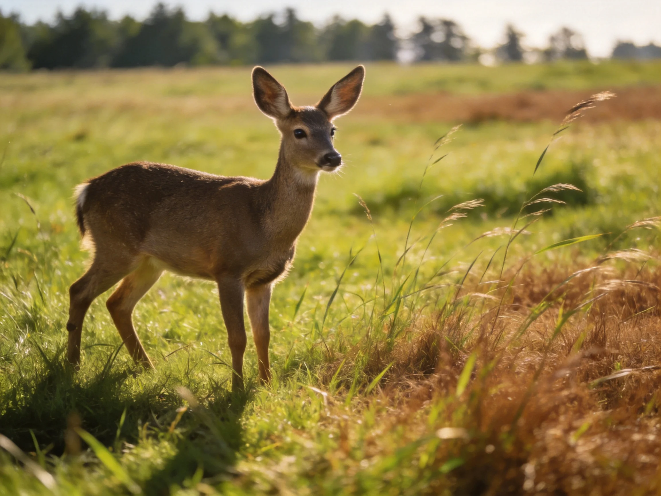 A young deer stands in a sunlit meadow with golden grasses nearby