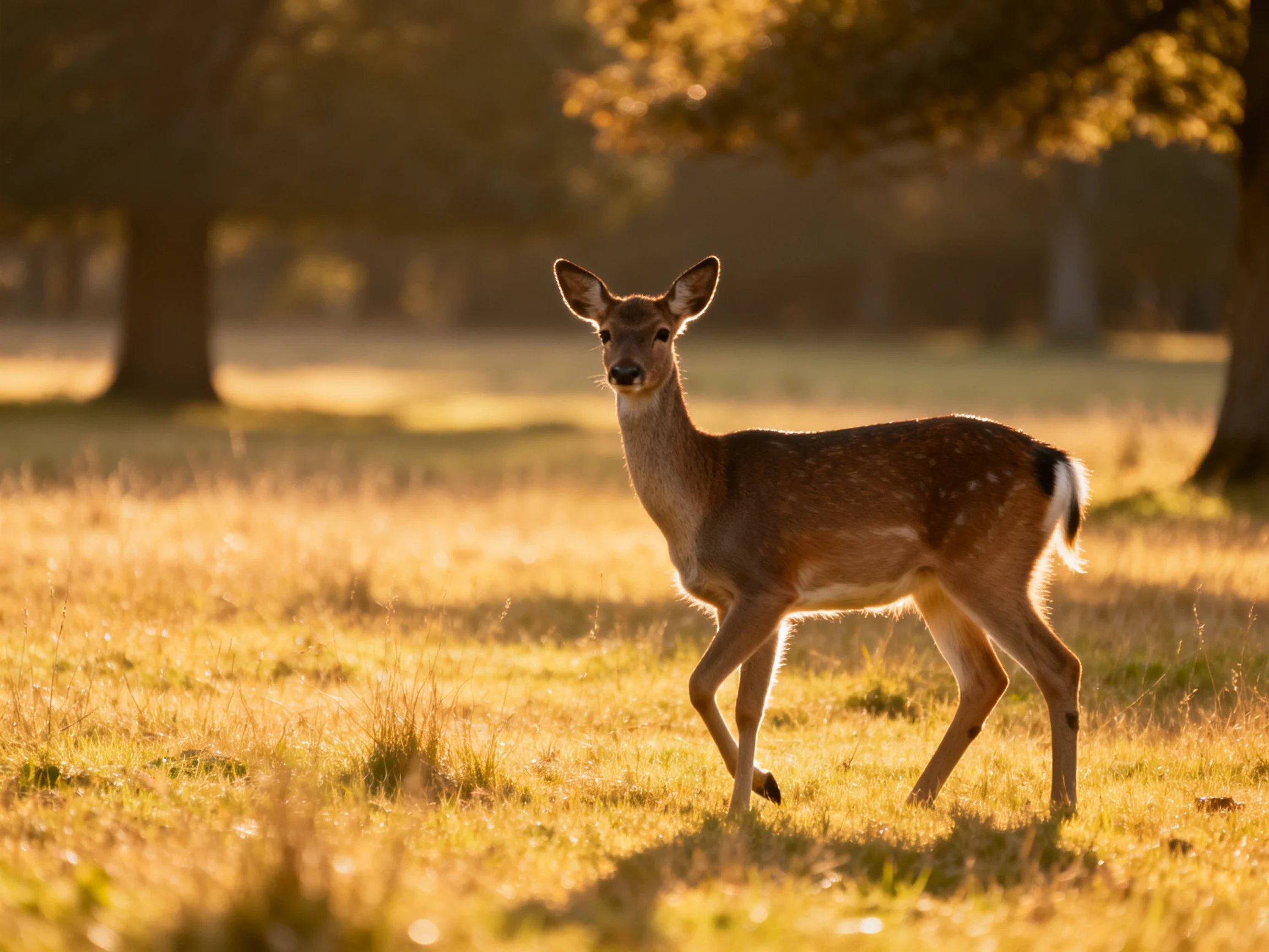 A young deer stands in a sunlit meadow near large trees.