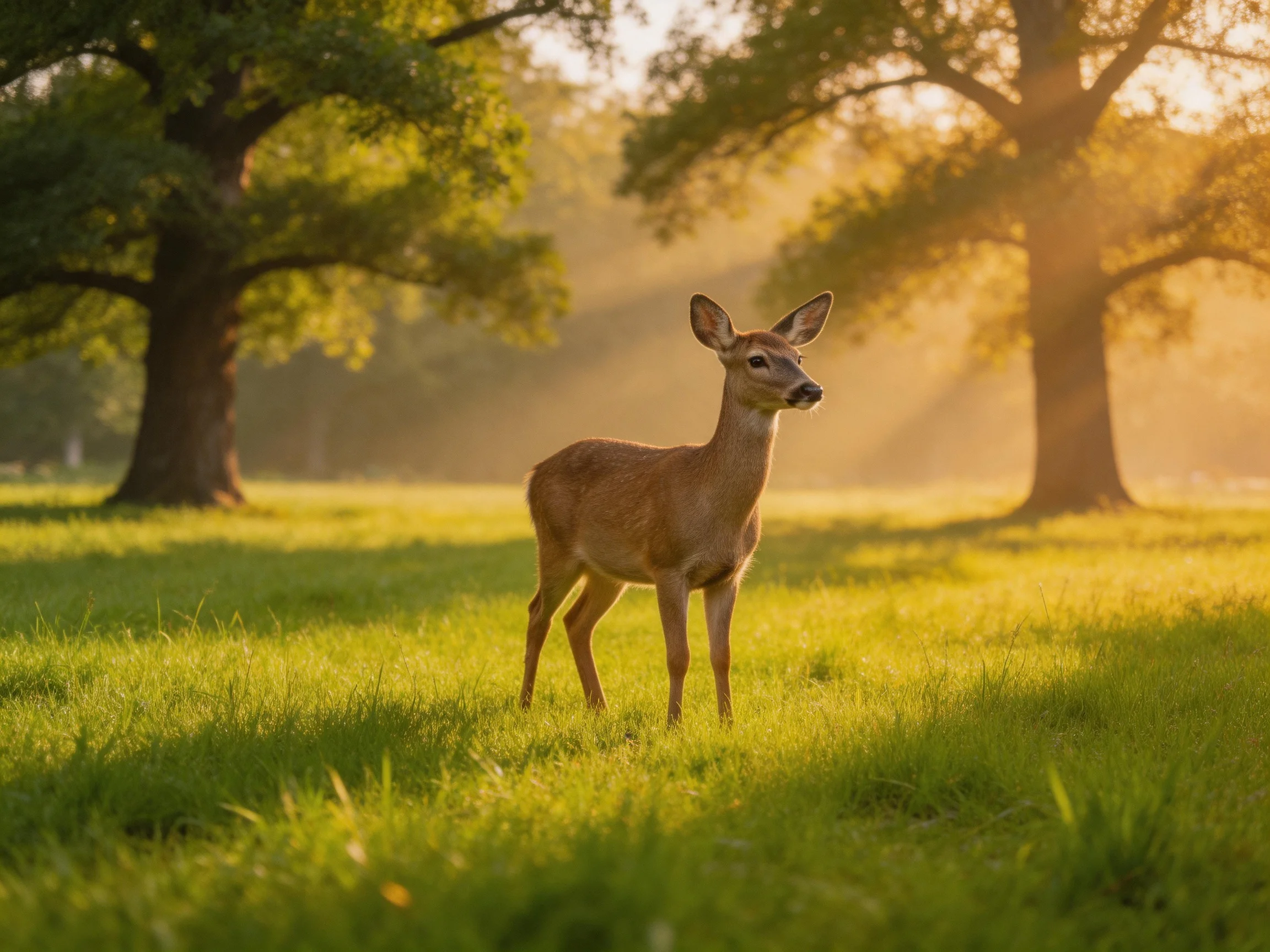 A young deer stands in a sunlit meadow with tall green grass