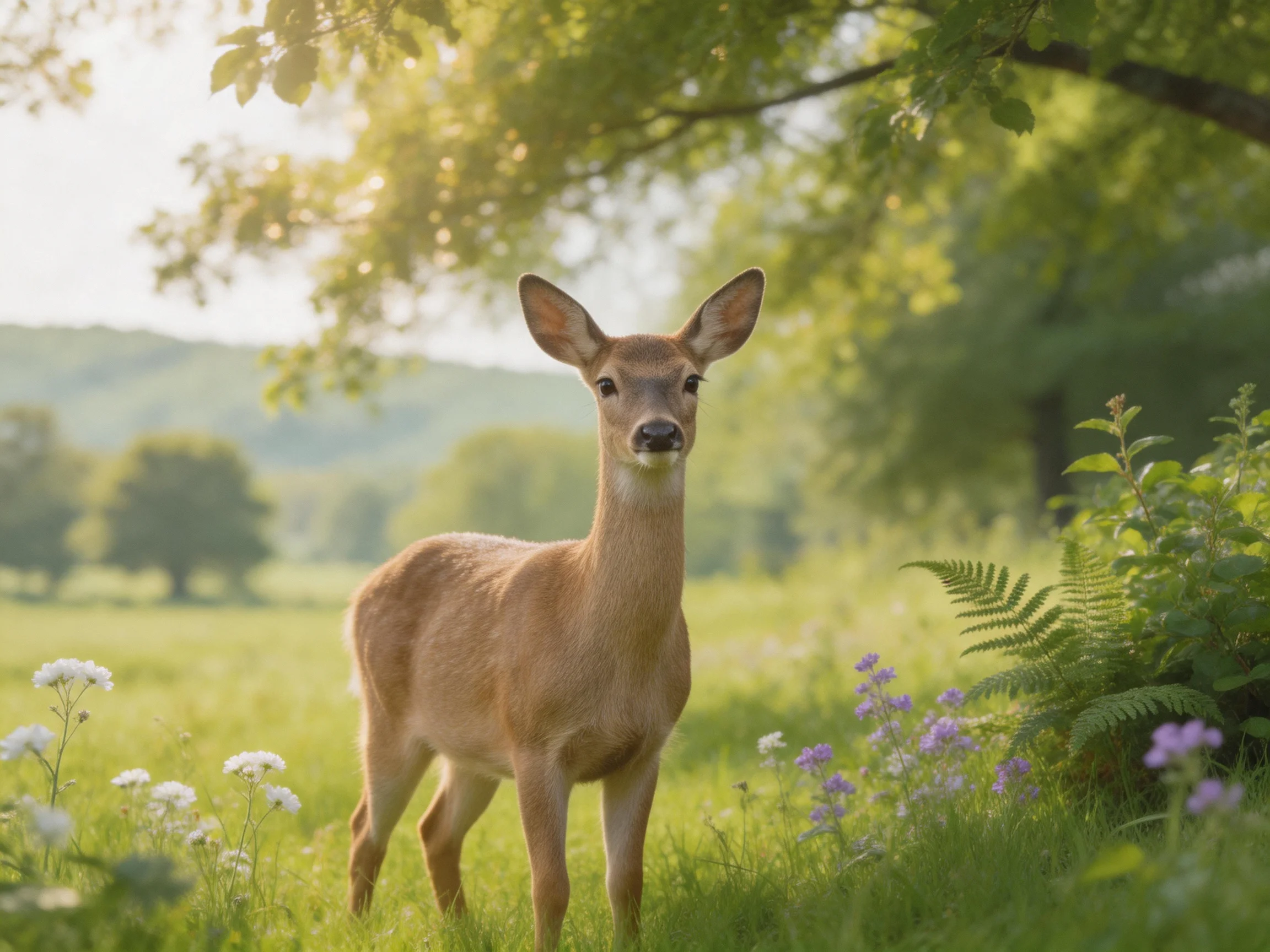 A young deer stands calmly in a sunlit meadow with colorful flora.