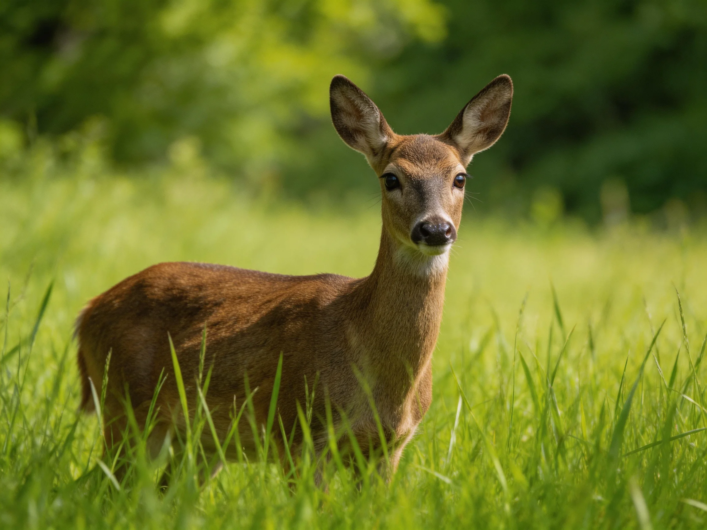 A young deer stands calmly in a sunlit meadow filled with tall green grass.