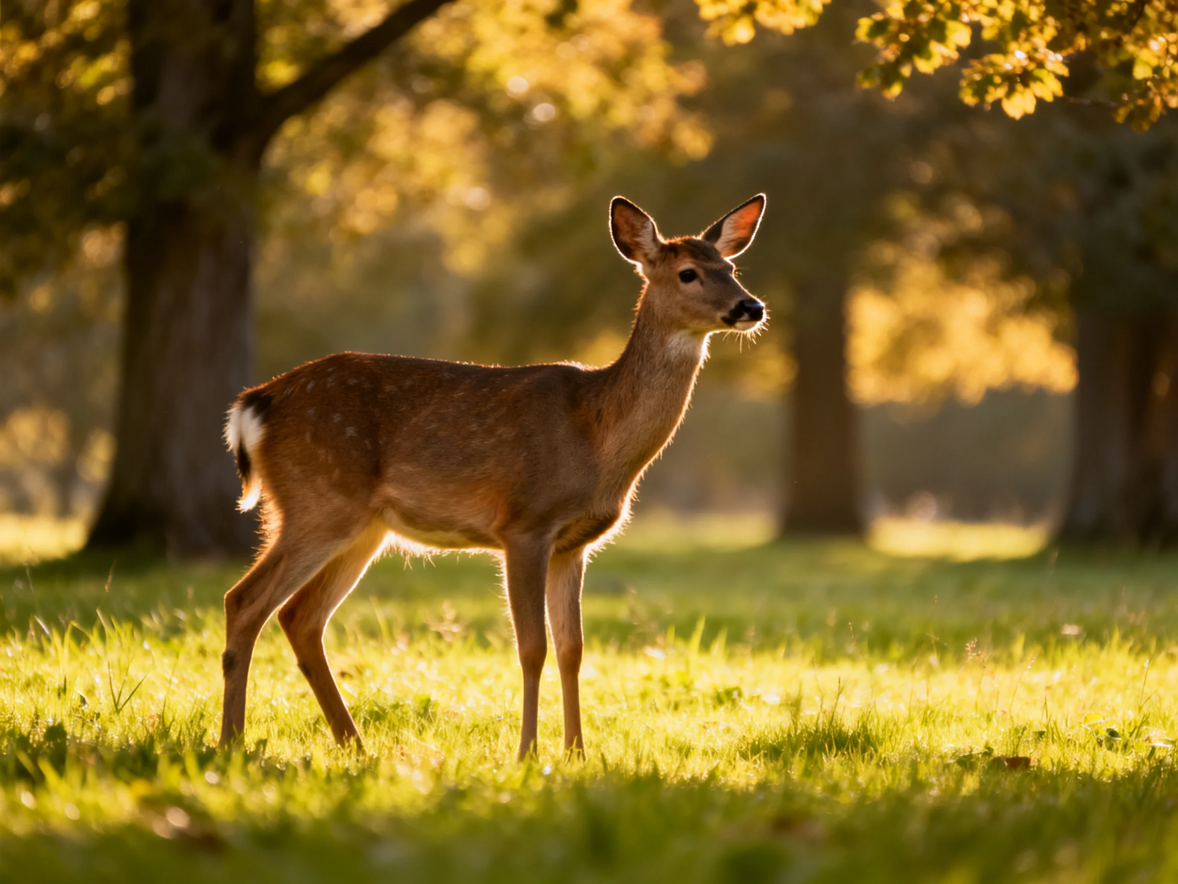 A young deer stands alert in a sunlit forest clearing.