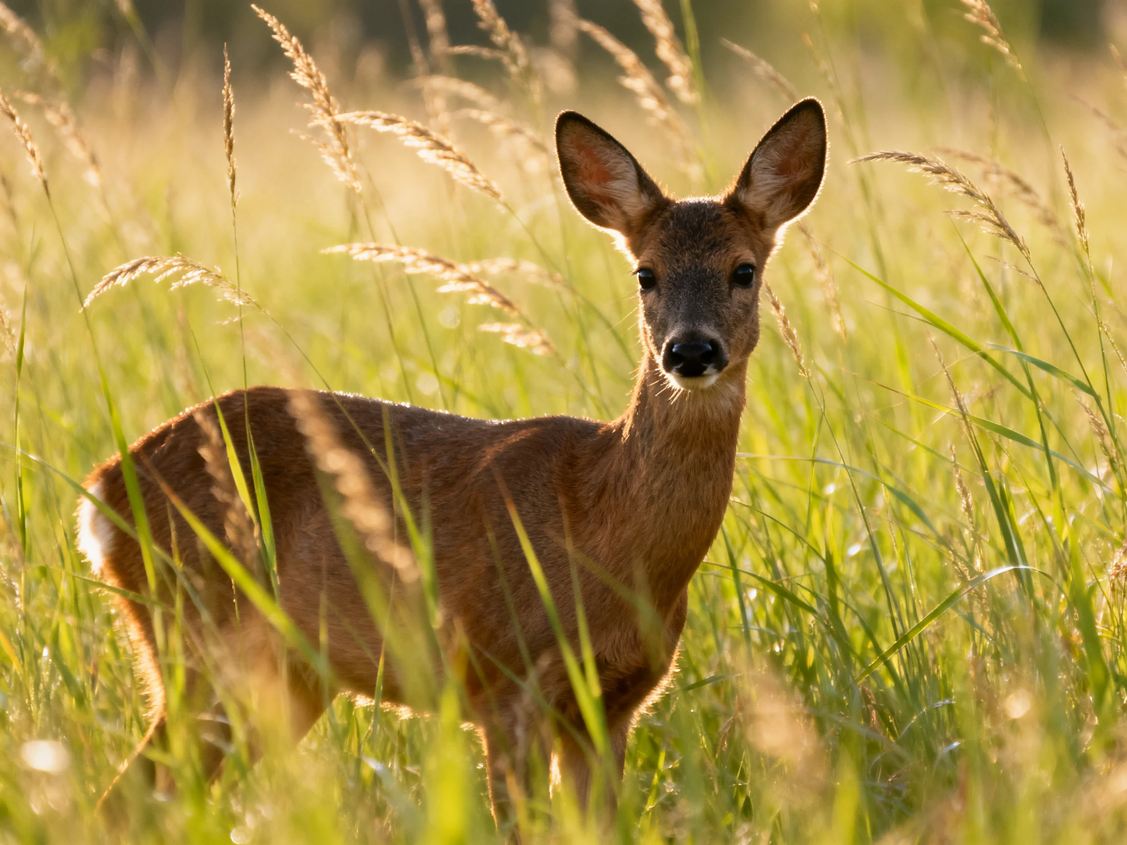 A young deer stands amid tall grass in a sunlit meadow.