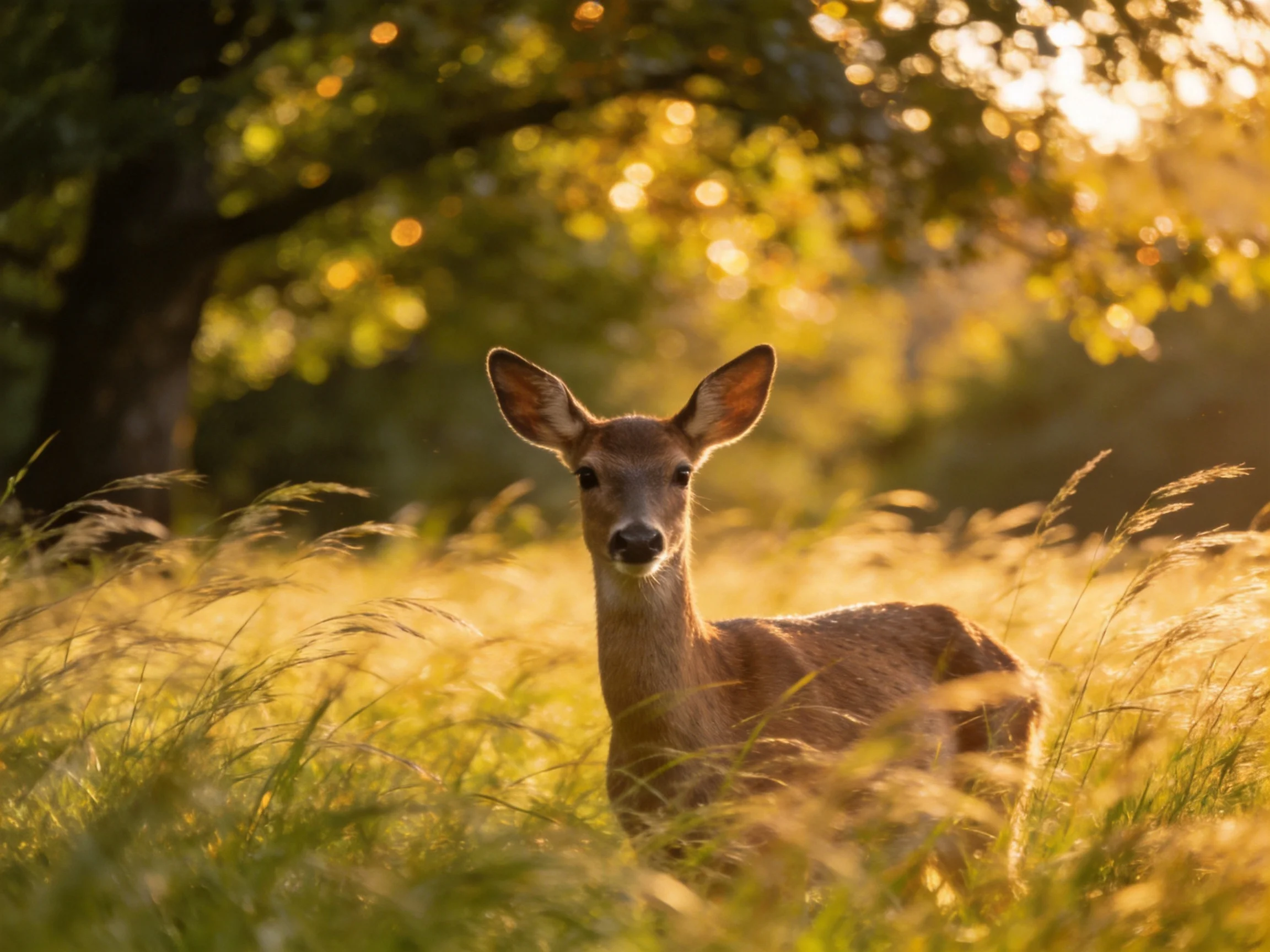A young deer stands in tall golden grasses under sunlit trees