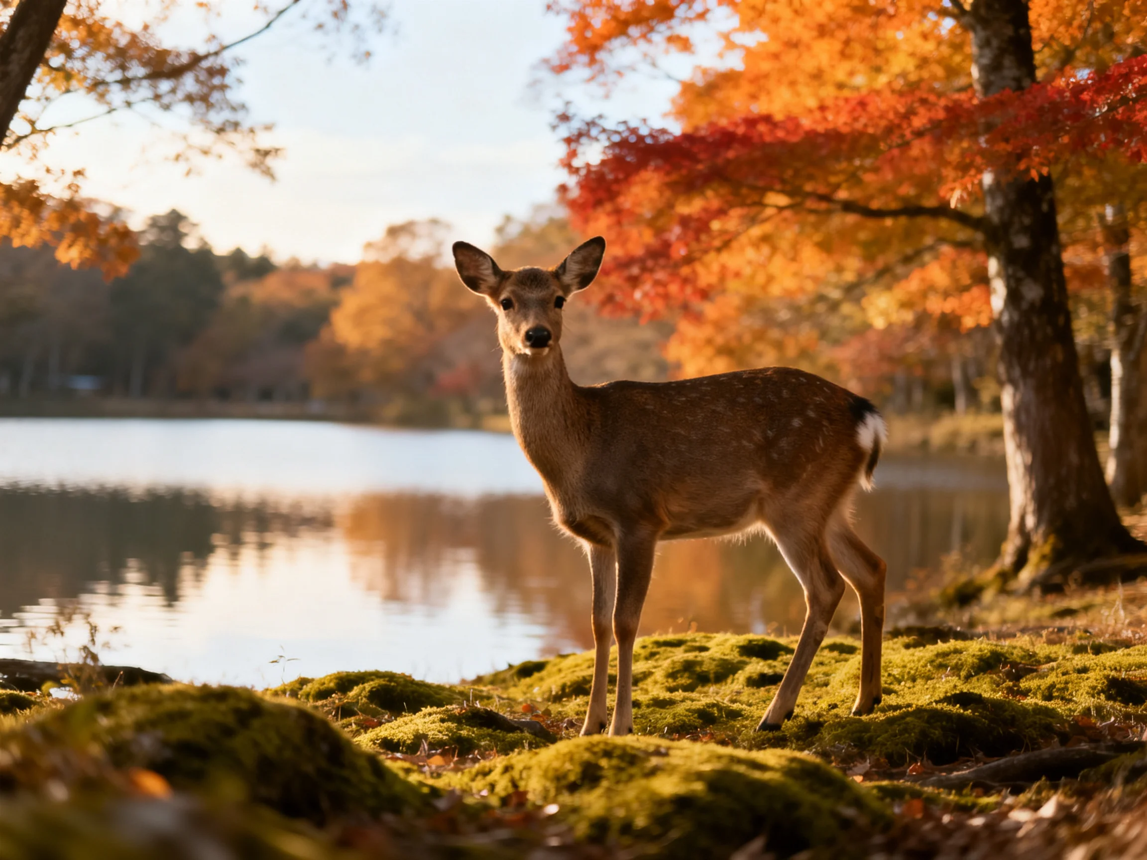 A young deer stands by a calm lake near autumn trees.