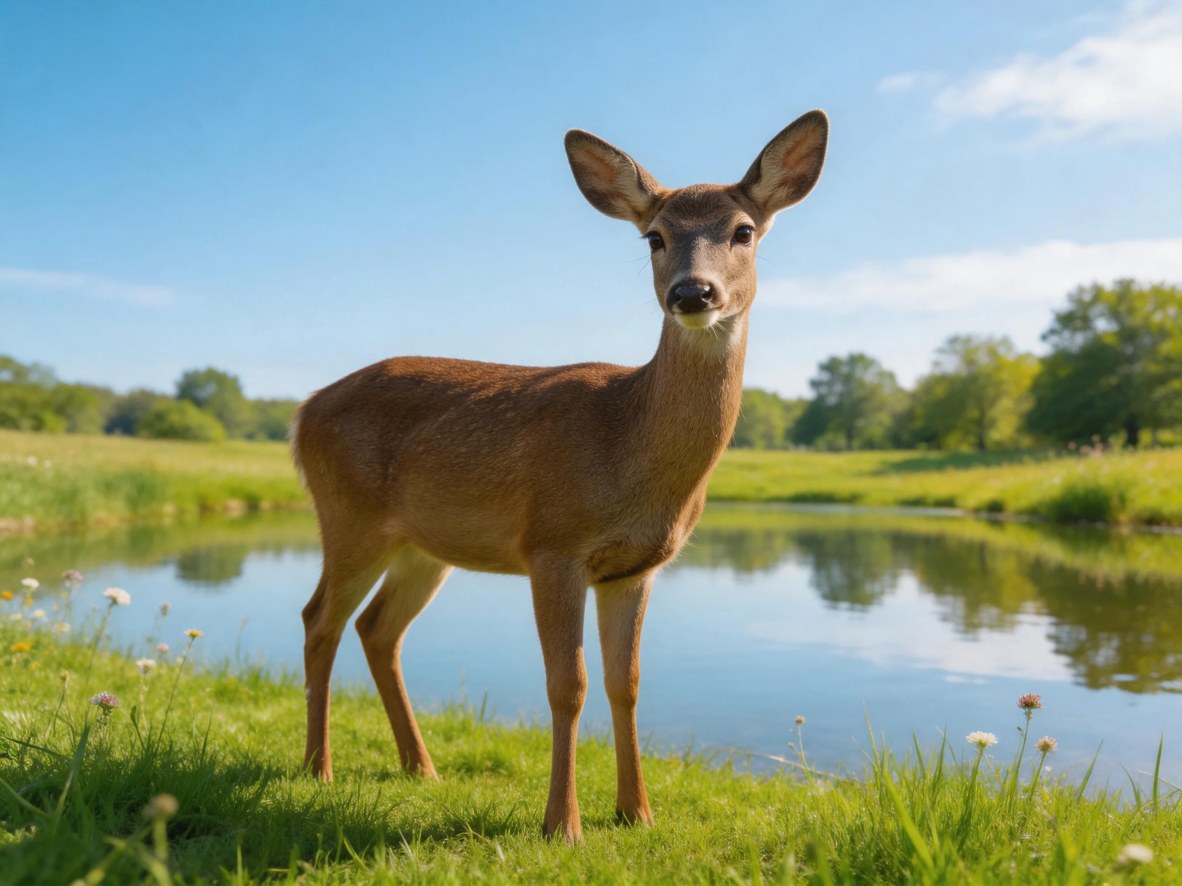 A young deer stands by a calm river in a sunlit meadow.