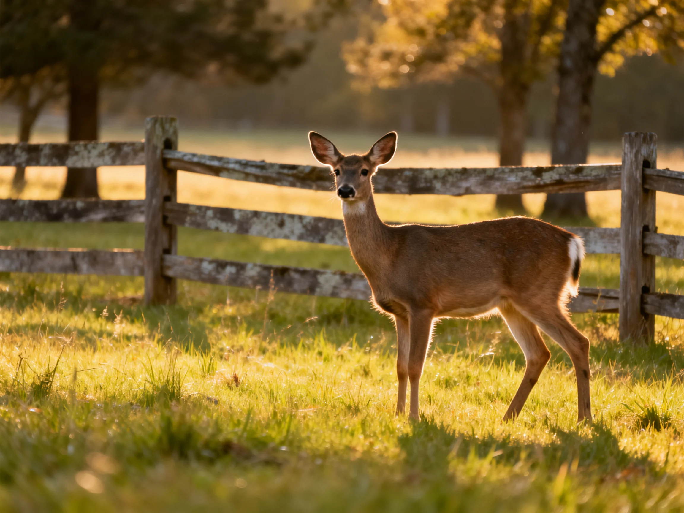 A young deer stands calmly in a sunlit field by a weathered wooden fence.