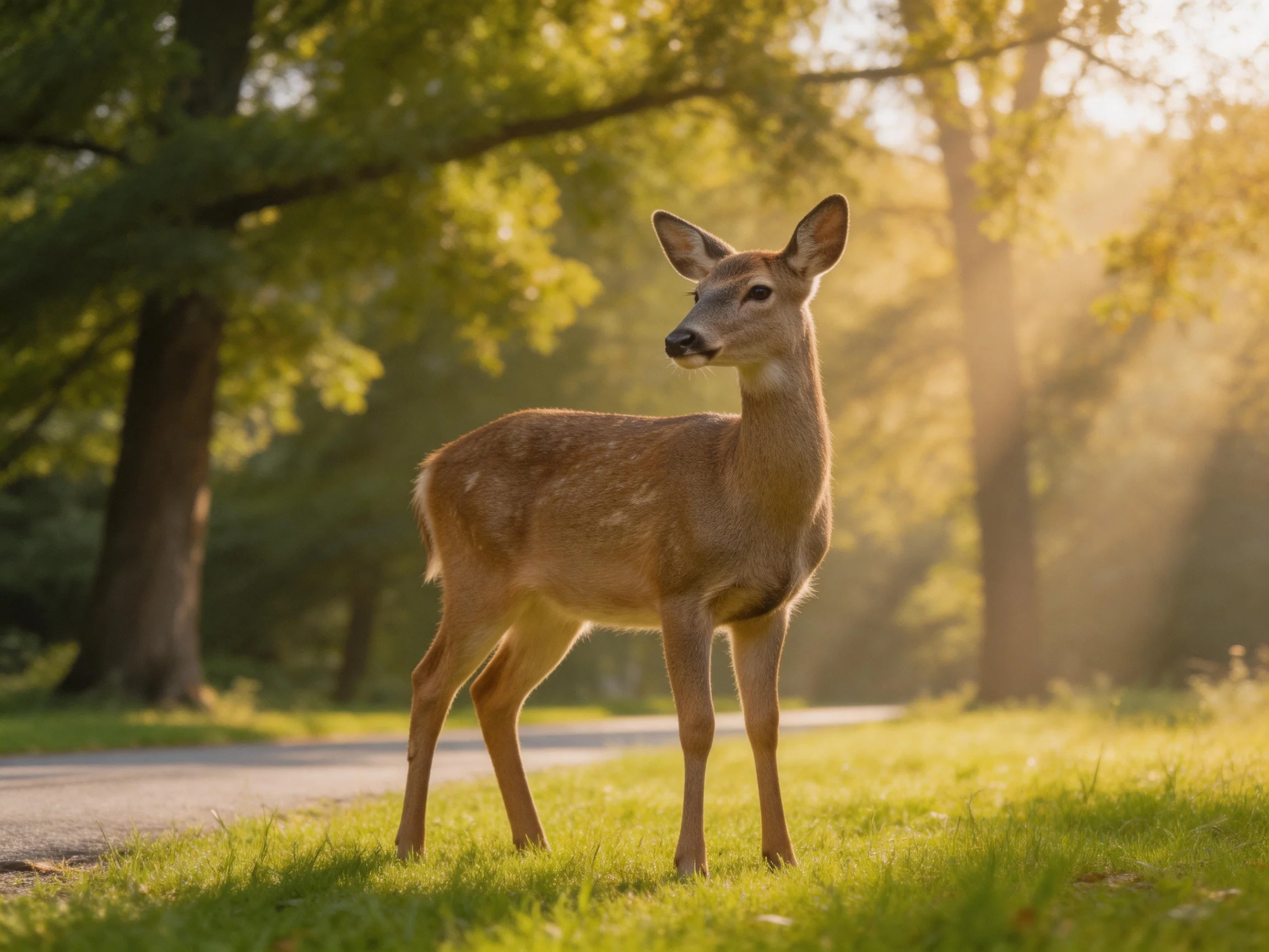 A young deer pauses on sunlit grass near a forest path.
