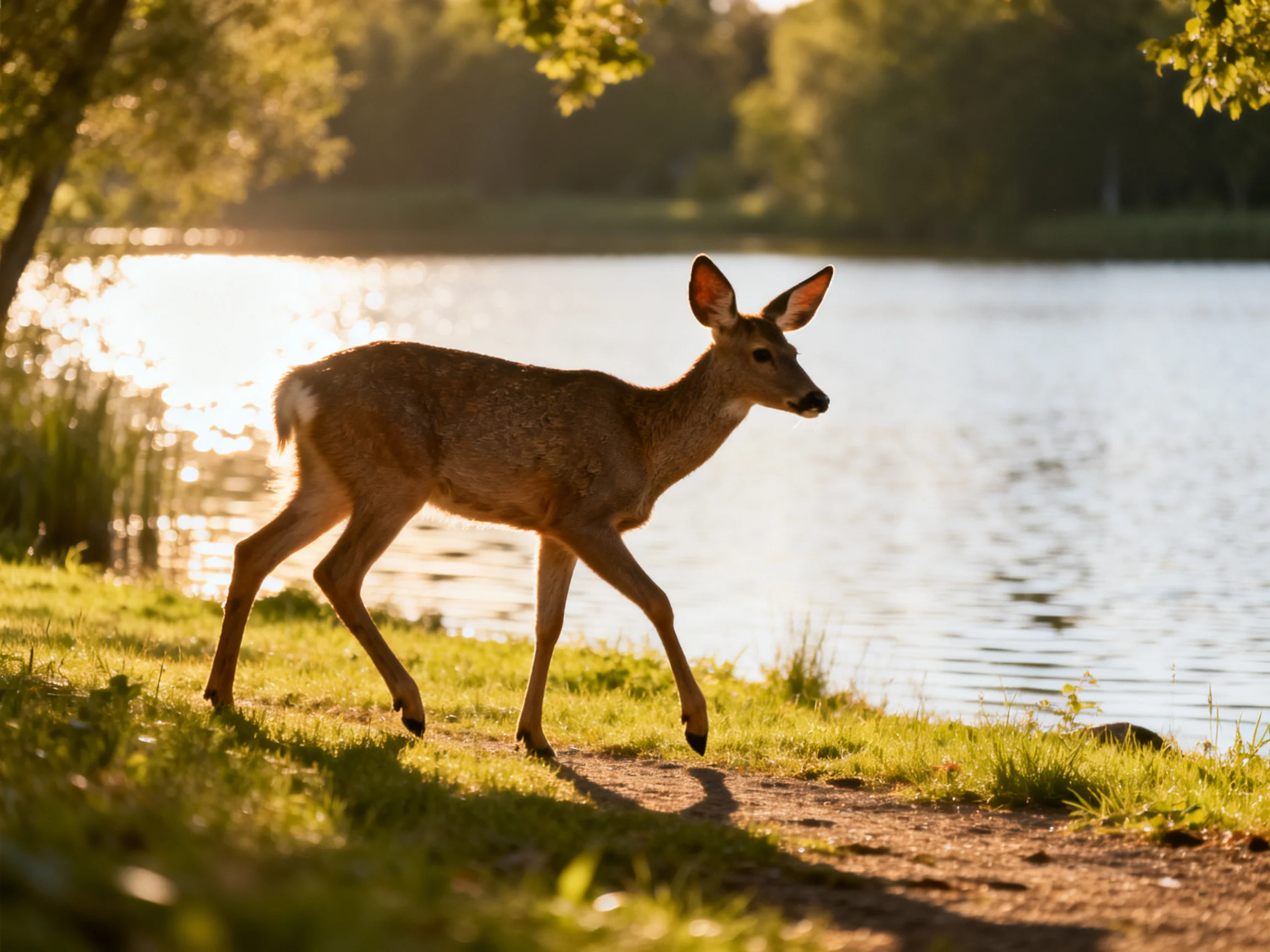 A young deer walks along a sunlit lakeside path