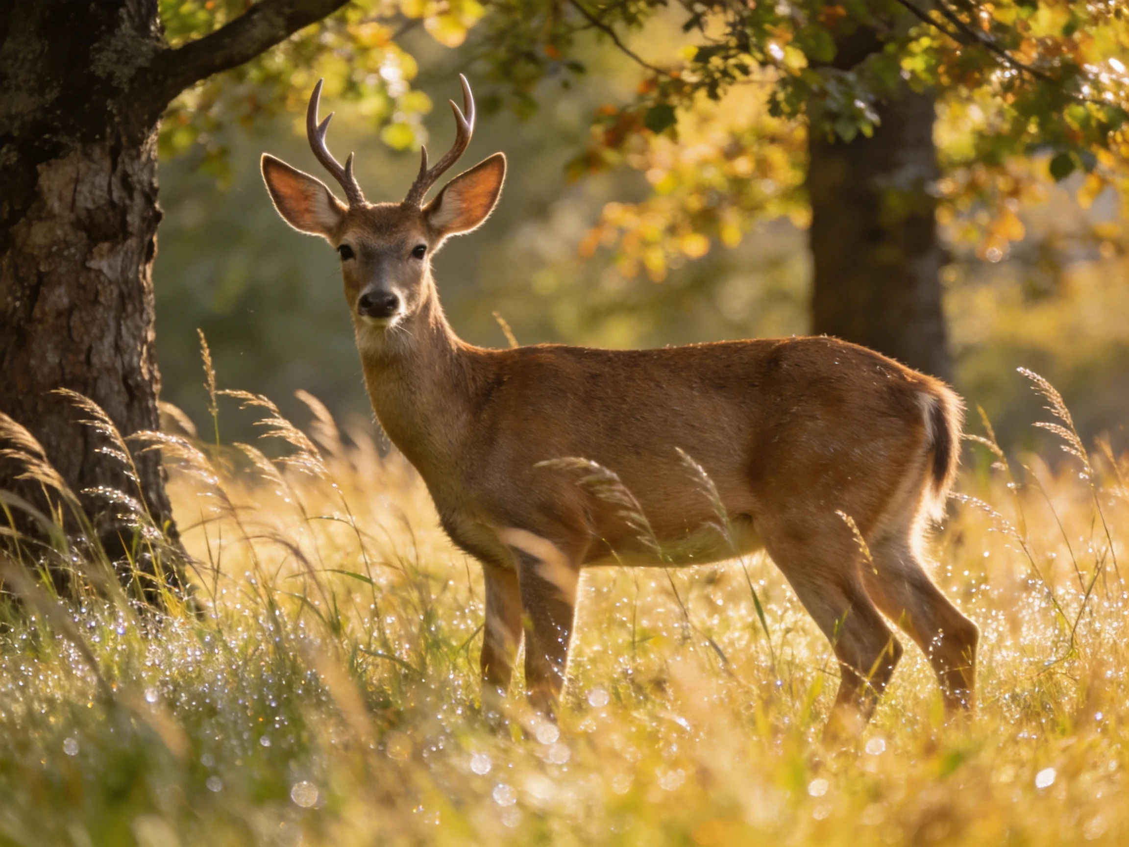A young deer with antlers in a sun-dappled forest clearing