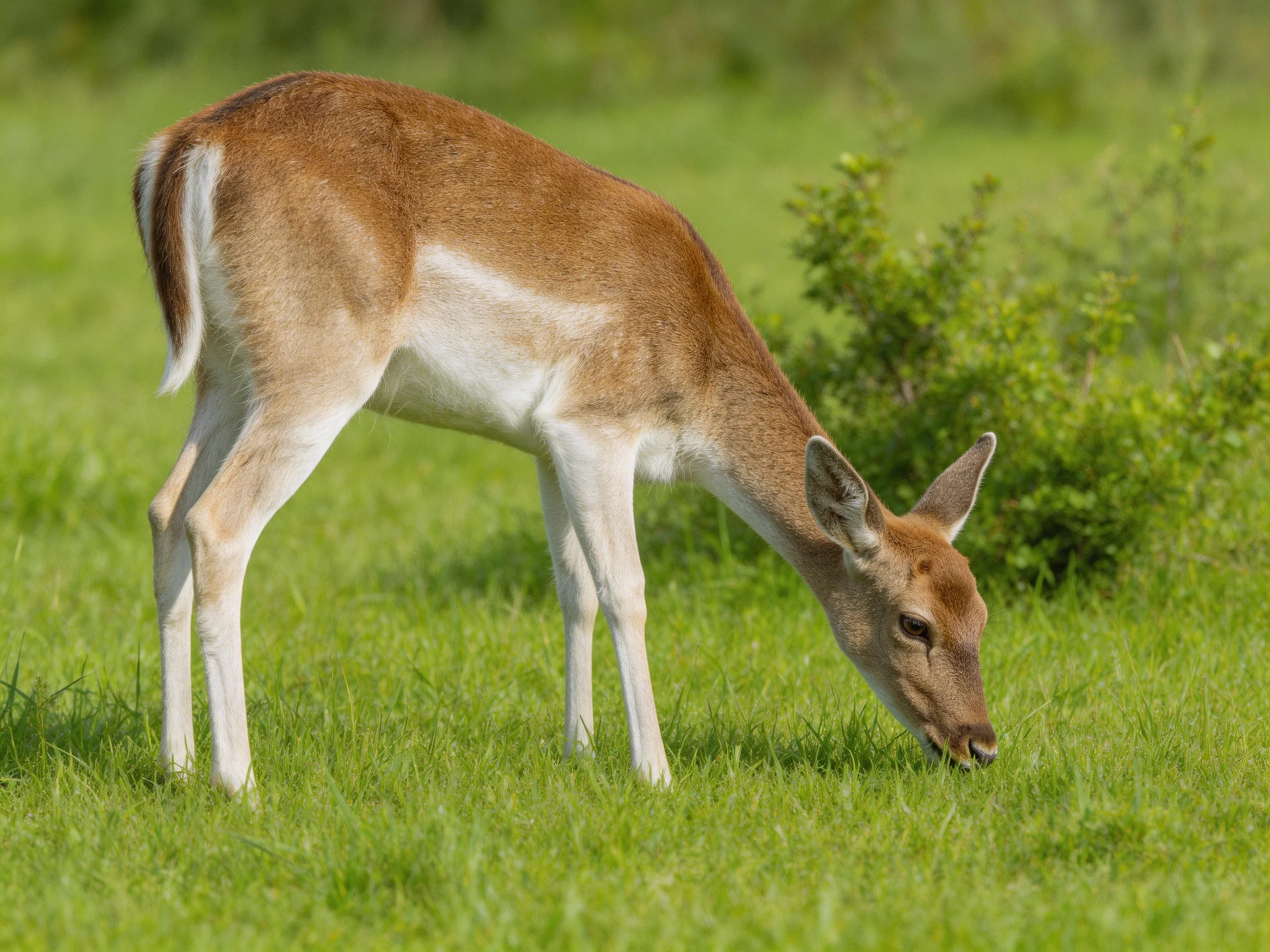 A young deer with brown and white fur grazes in a lush green meadow