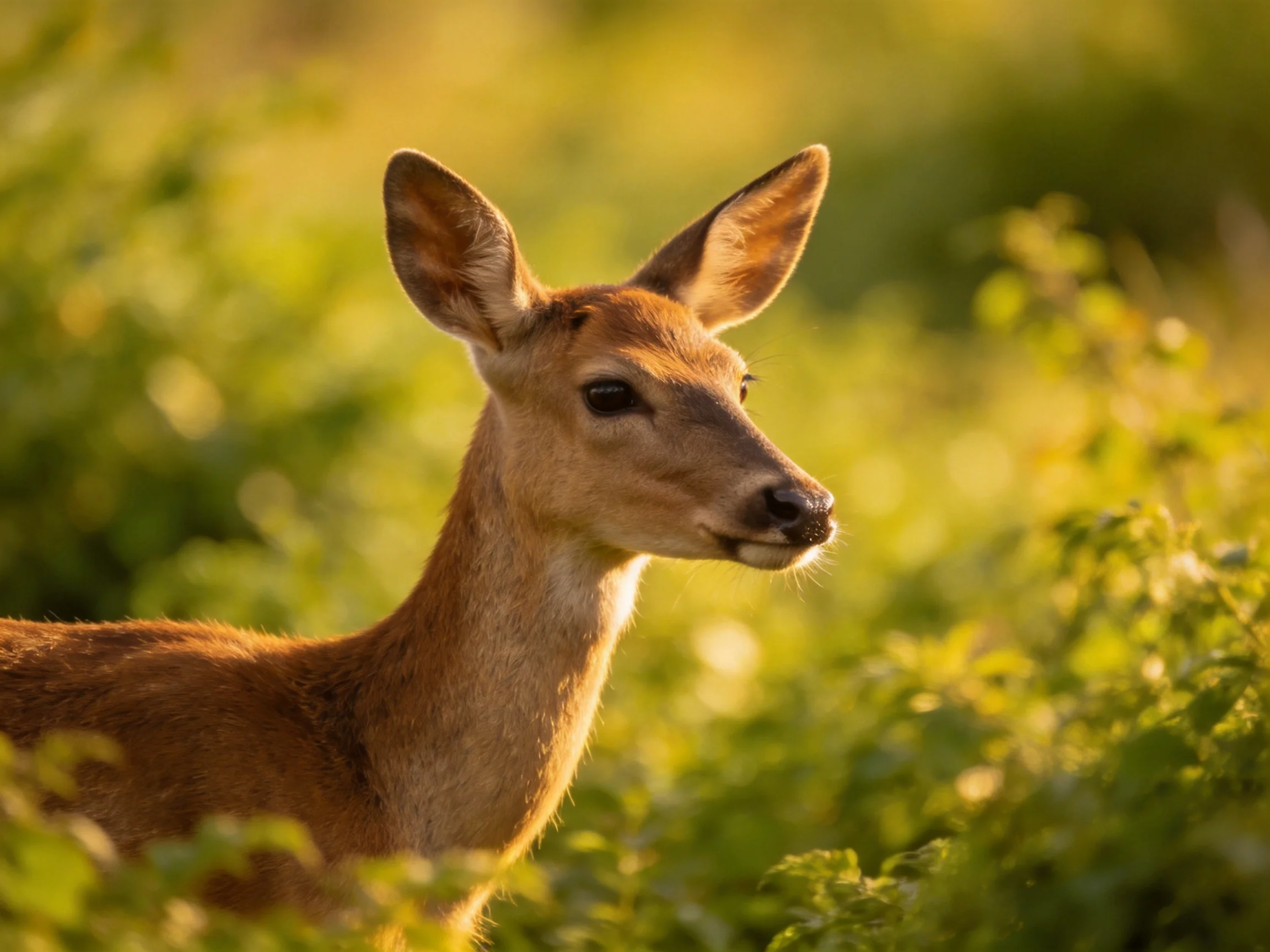 A young deer with brown coat amid lush green vegetation under golden sunlight