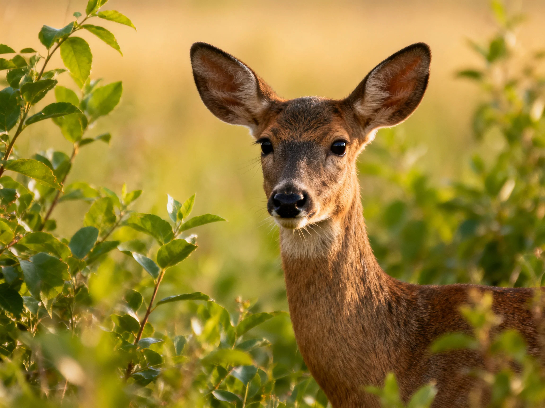 A young deer with brown coat amidst lush green foliage in golden light