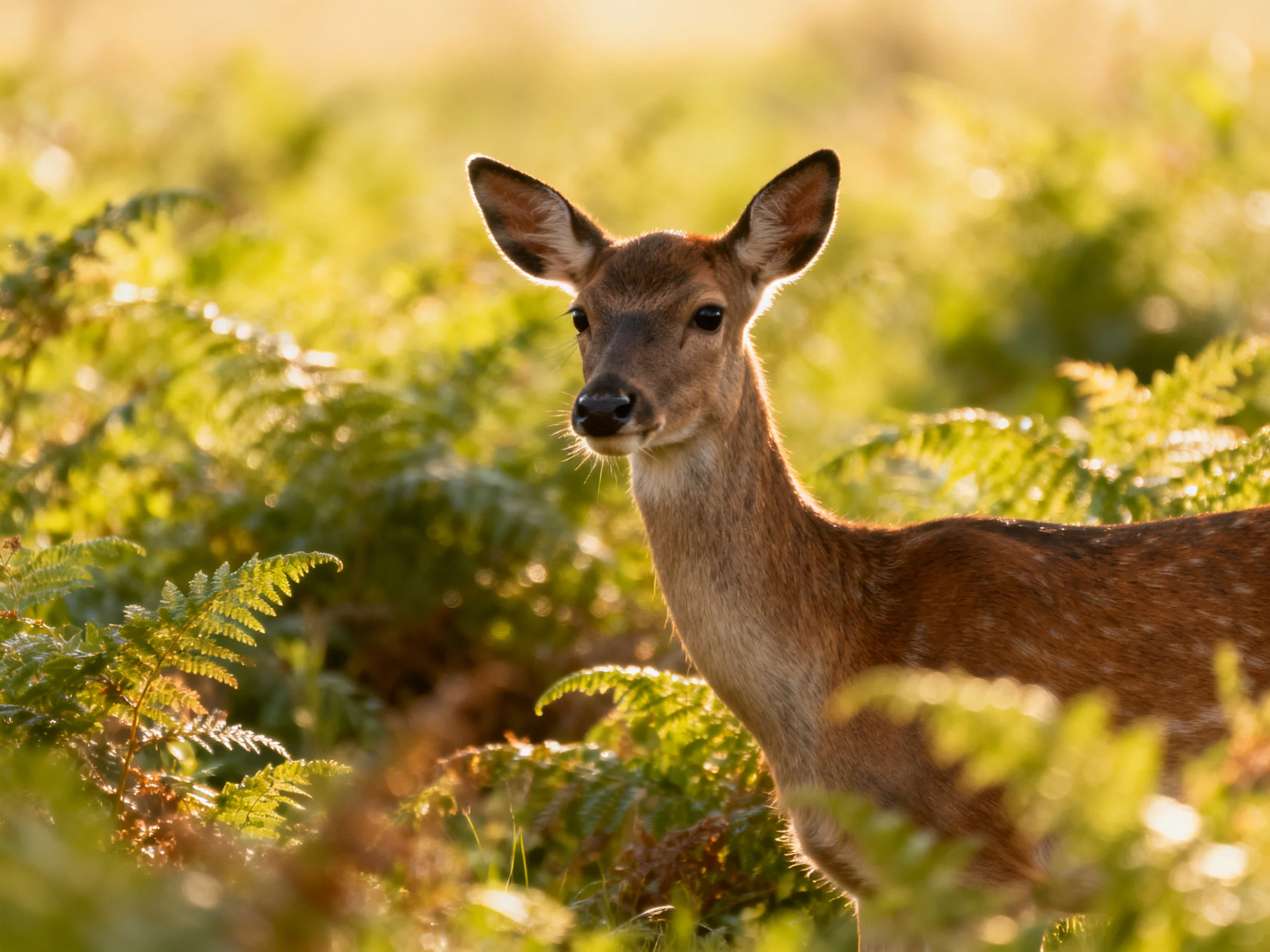 A young deer with brown coat among lush green ferns in golden sunlight