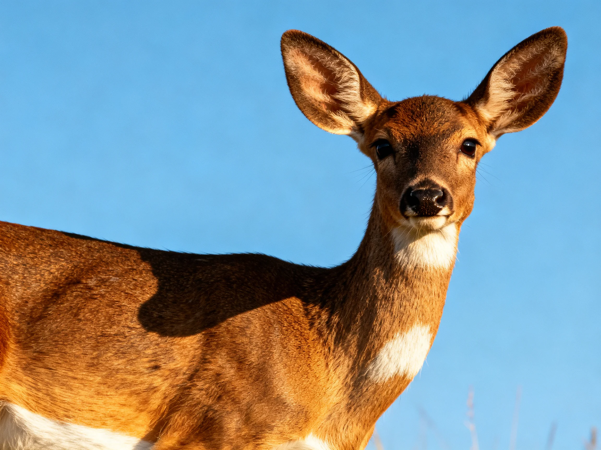 A young deer with brown fur and white patches under a clear blue sky
