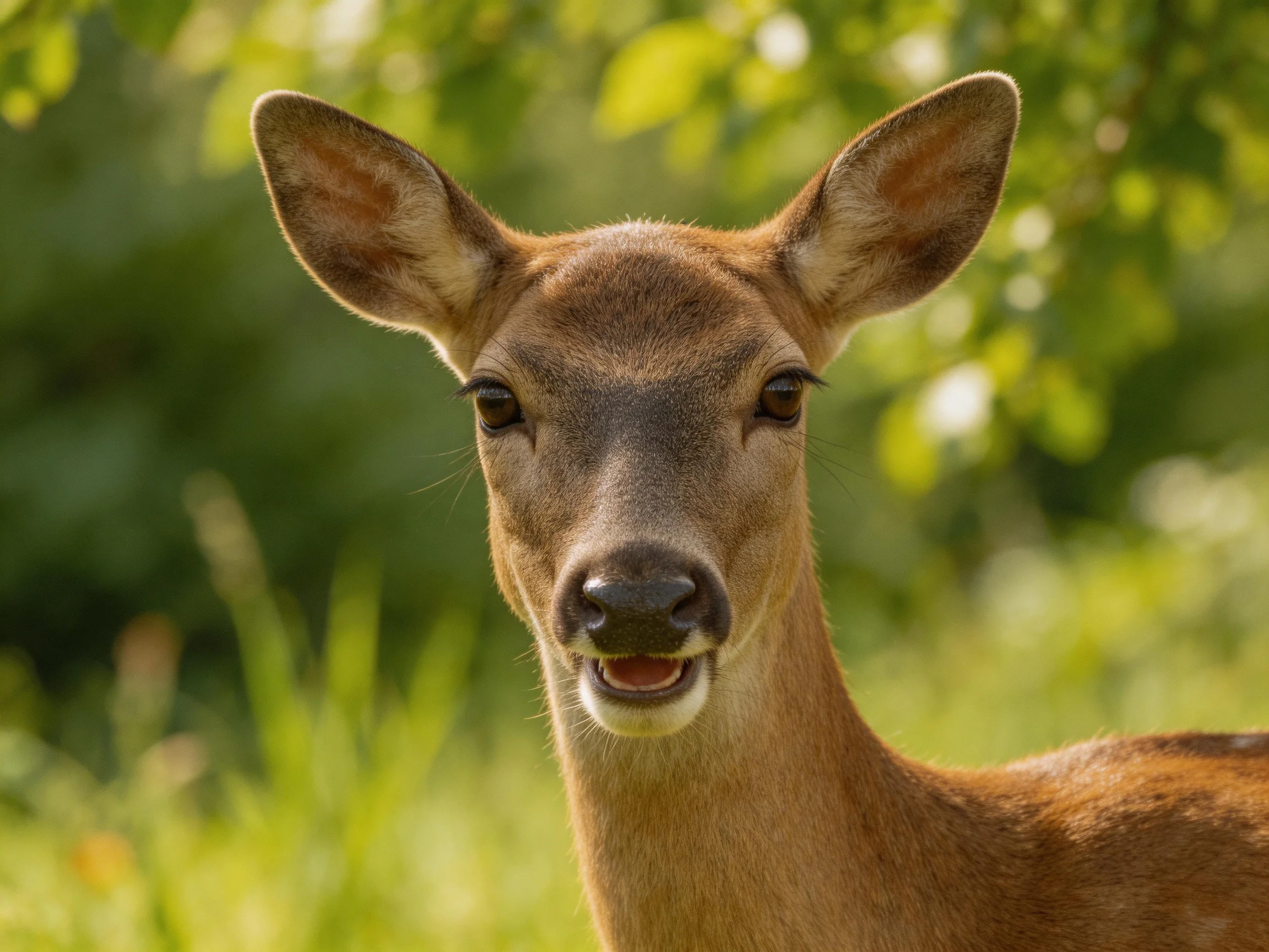 A young deer with brown fur in a sun-dappled green forest