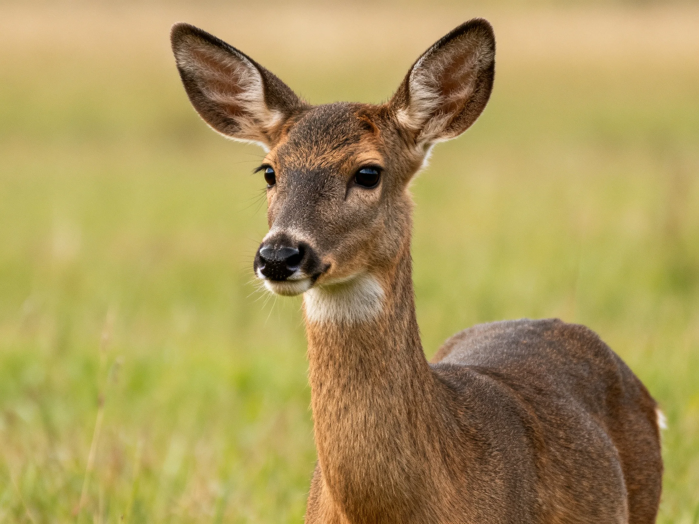 A young deer with brown fur stands attentively in the grassy field.