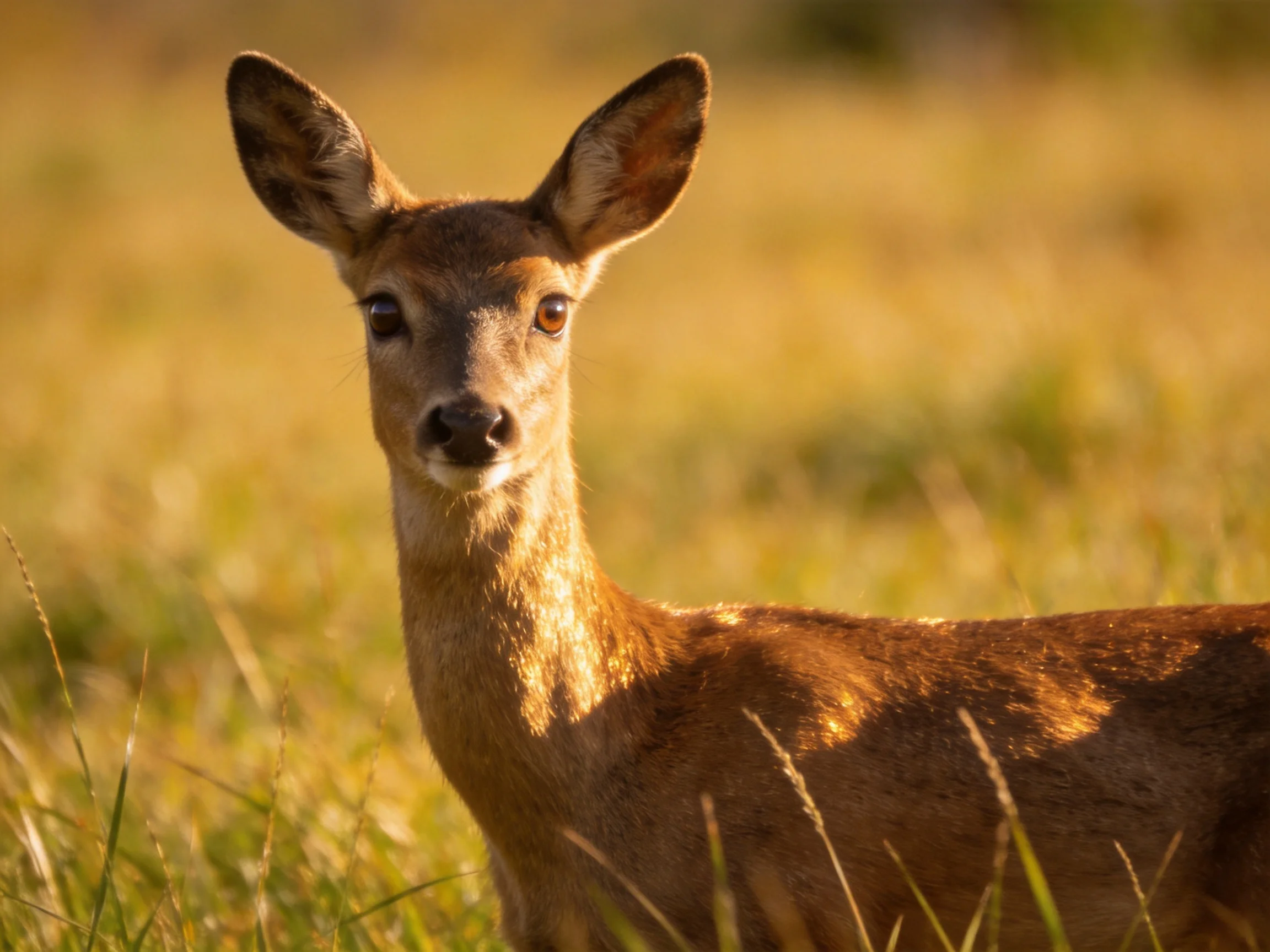 A young deer gazes calmly amid tall grass in a sunlit field.