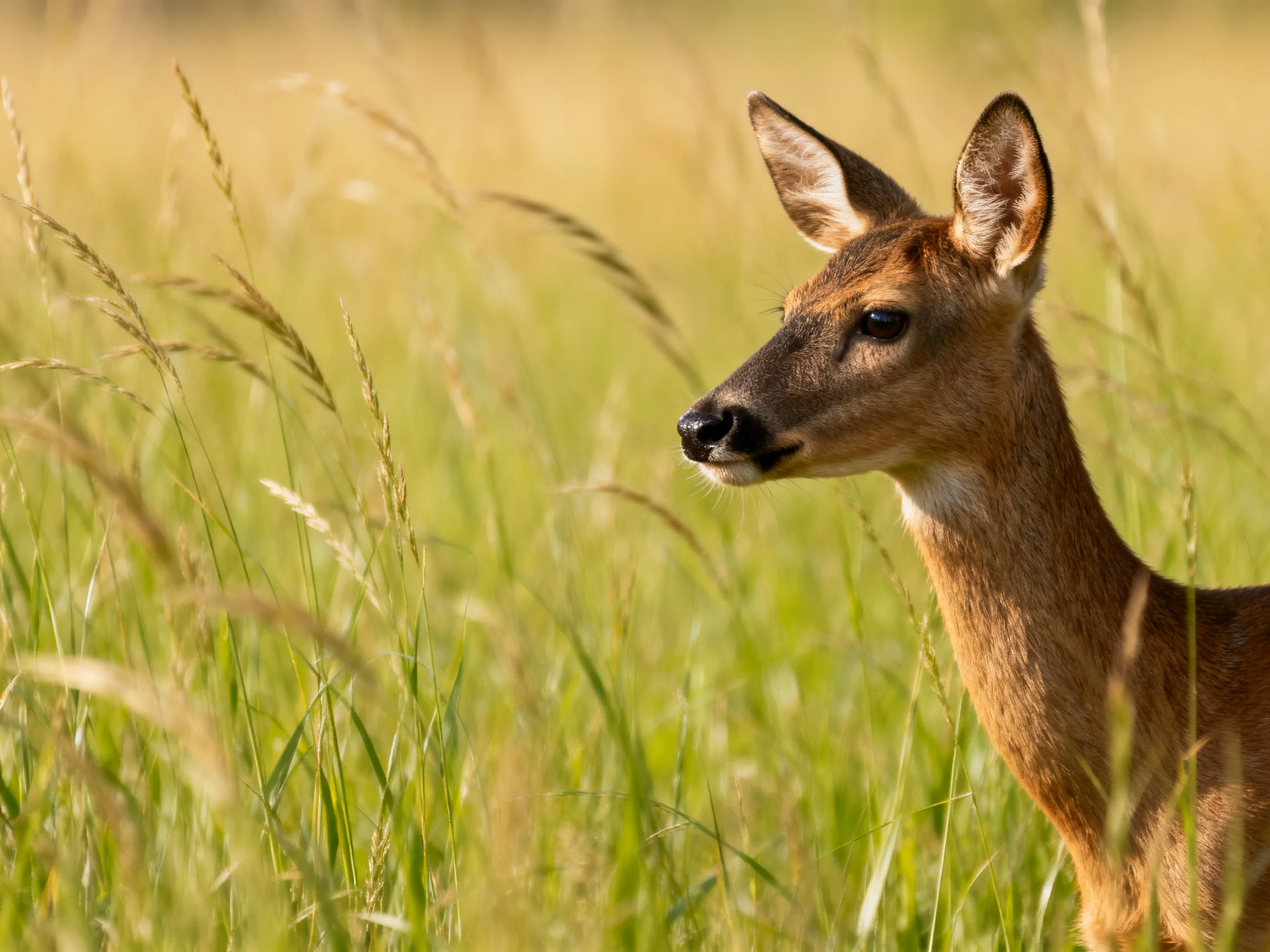 A young deer with brown fur stands among tall golden-green grasses in bright sunlight