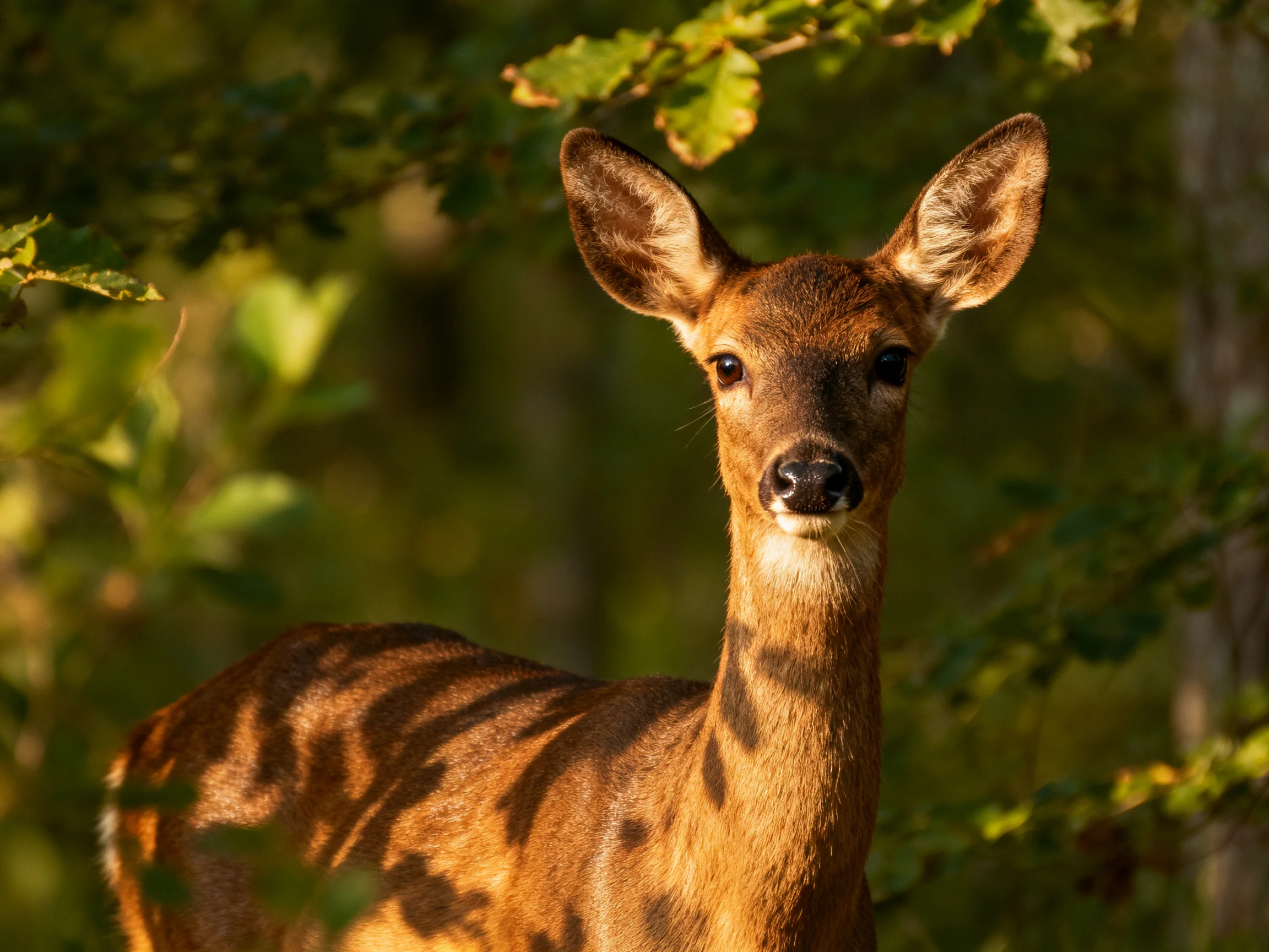 A young deer stands alert among sunlit forest foliage.
