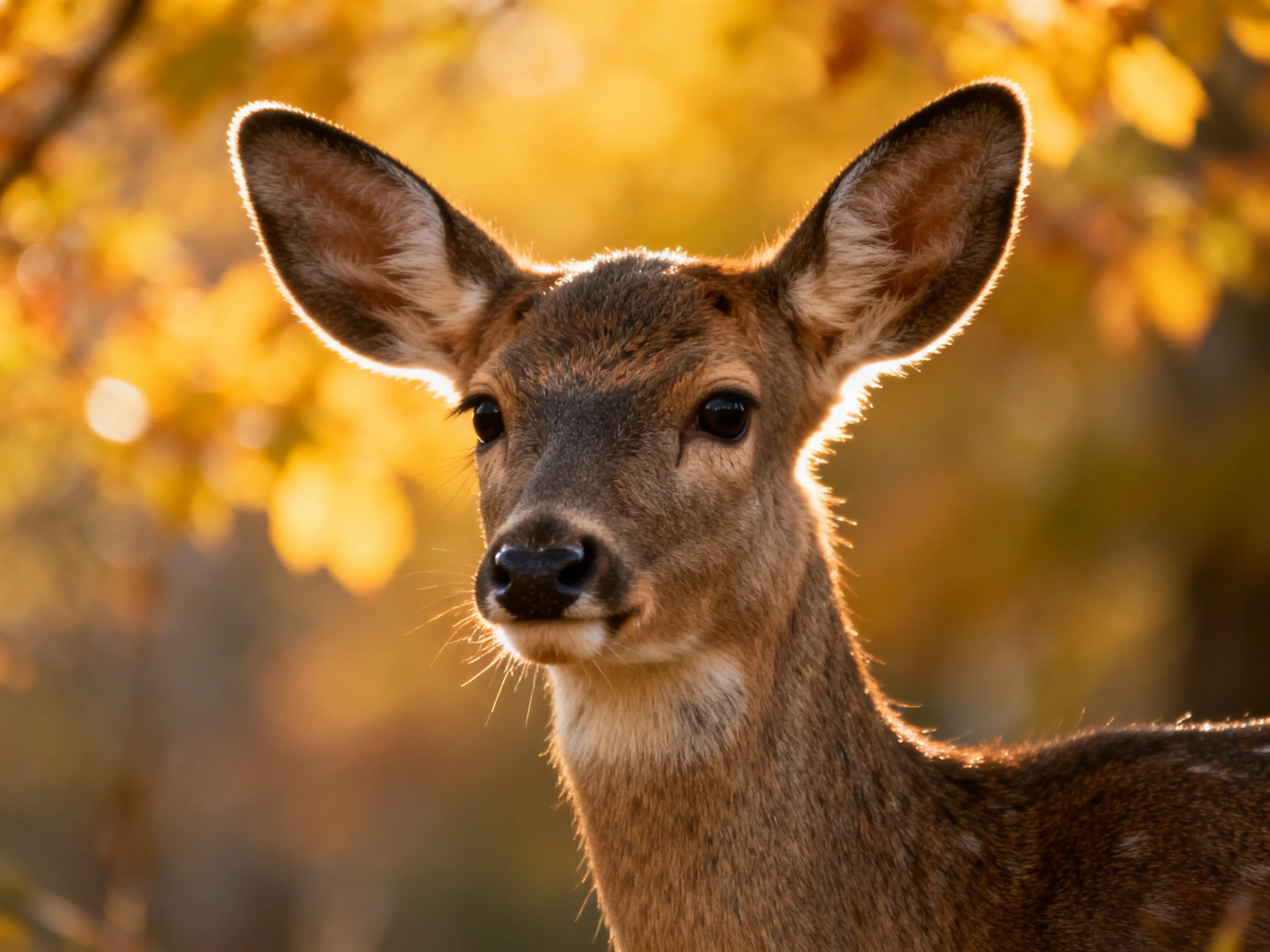 A young deer with large ears amid golden autumn foliage
