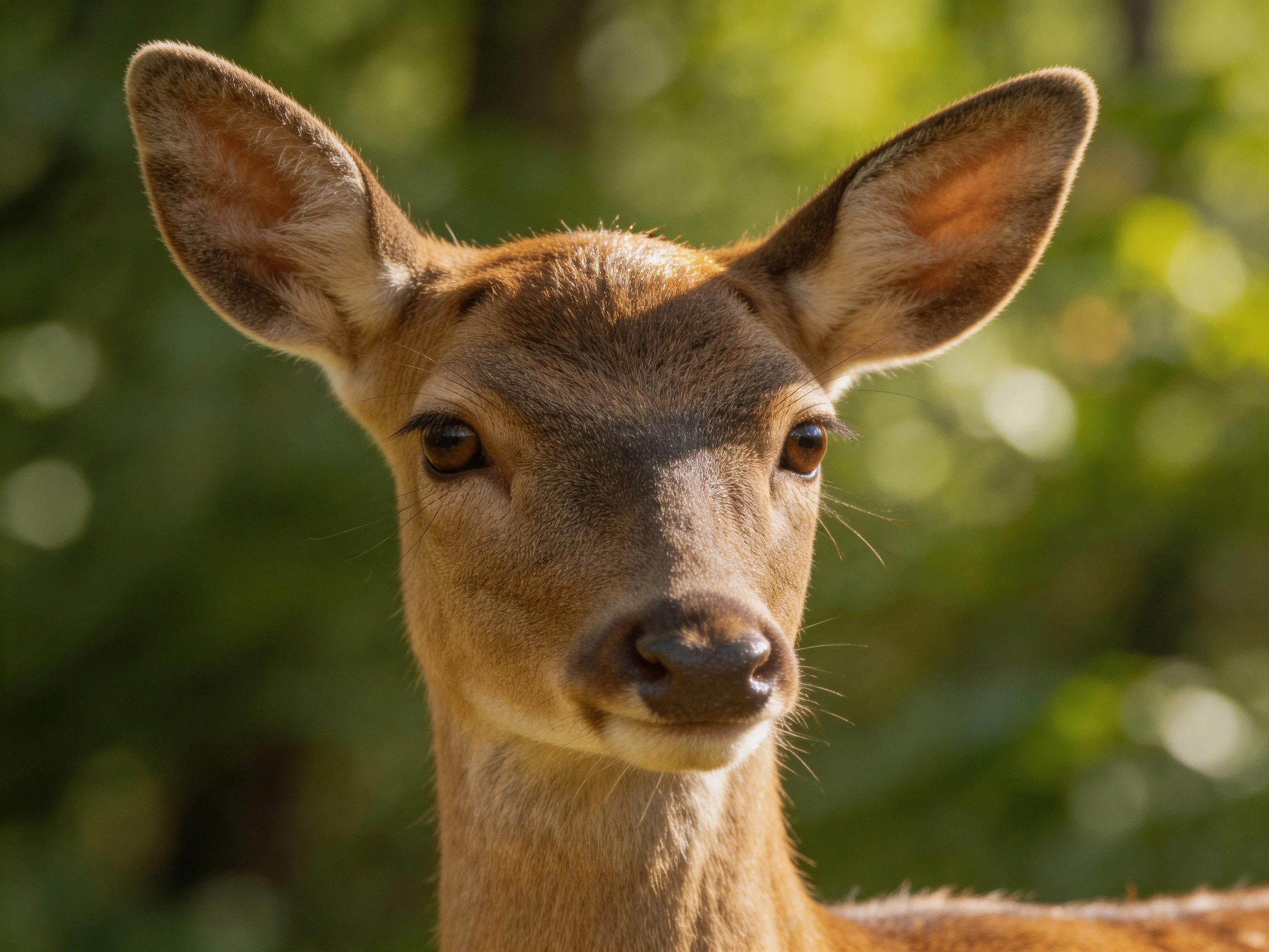 A young deer with large ears and brown fur in a green forest