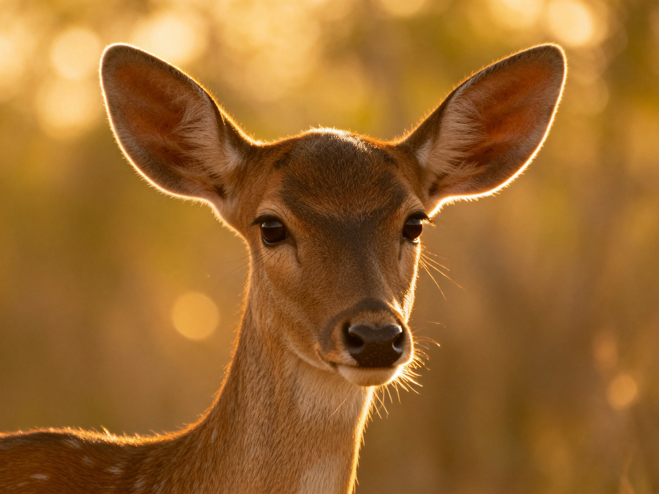 A young deer with large ears and spotted brown coat in warm golden light