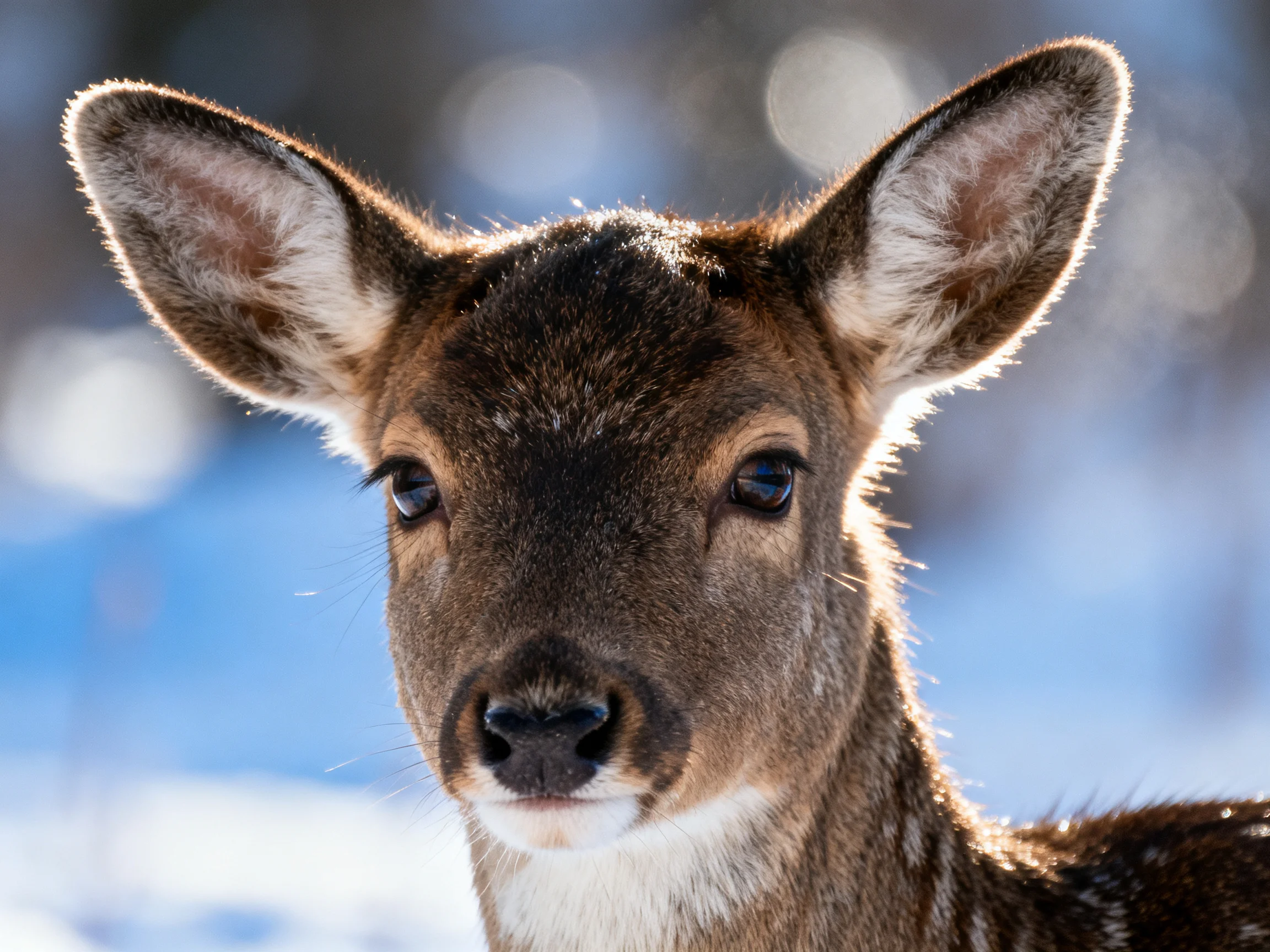 A young deer with large ears in a snowy forest environment