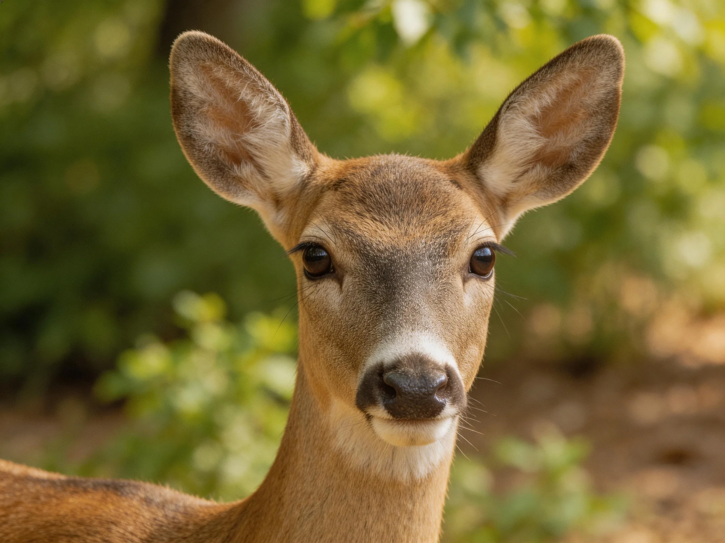 A young deer with large ears in a sunlit forest