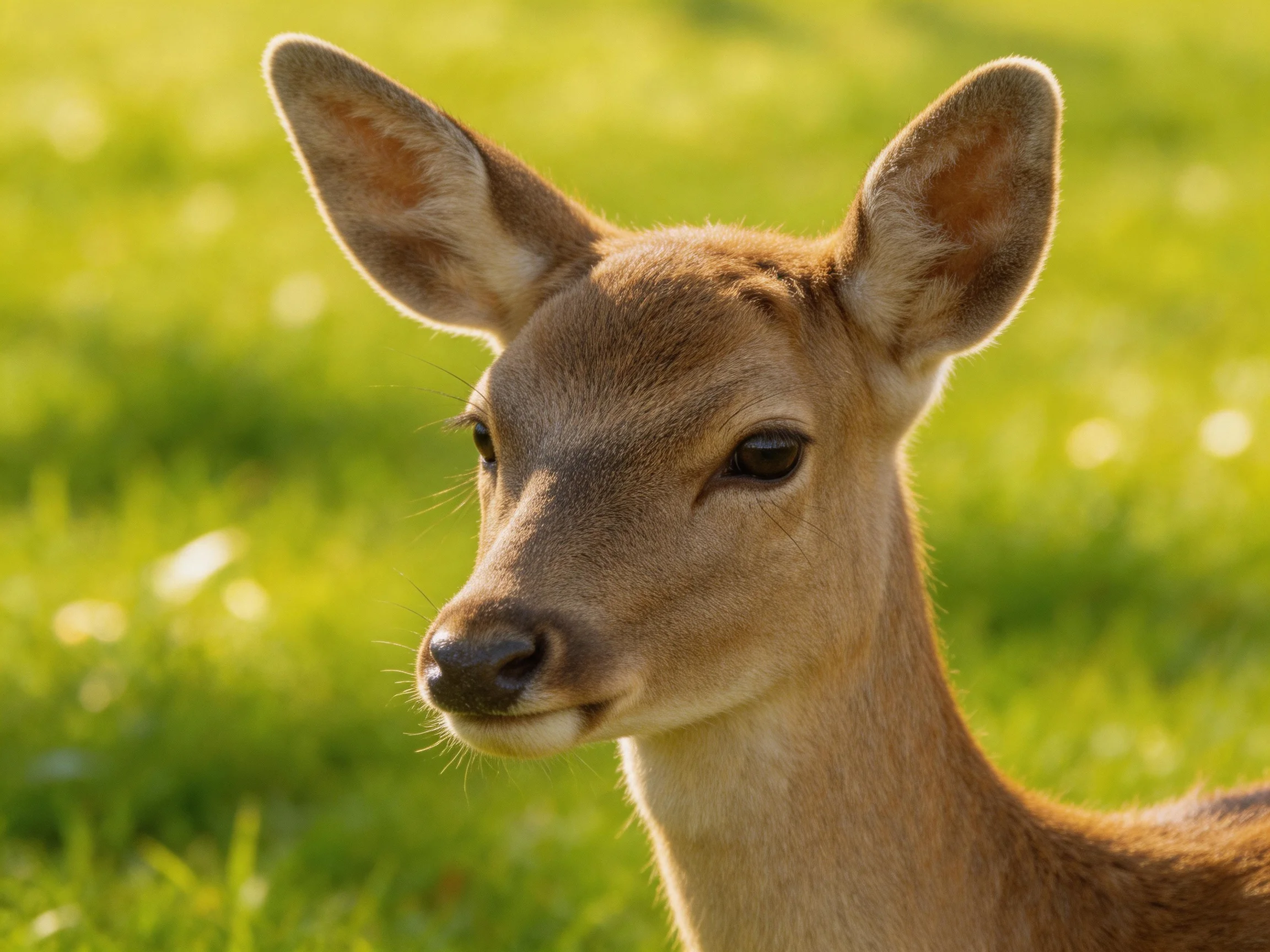 A young deer with large ears in sun-drenched green meadow