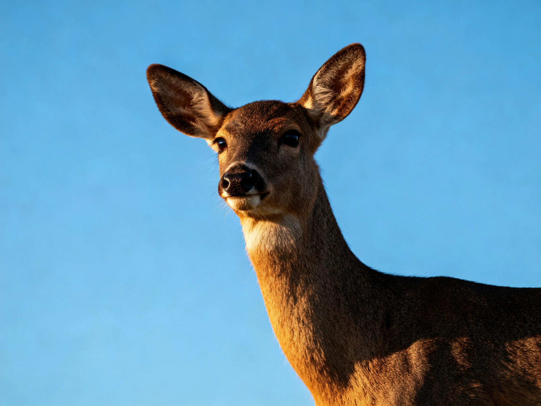 A young deer with large ears stands against a clear blue sky