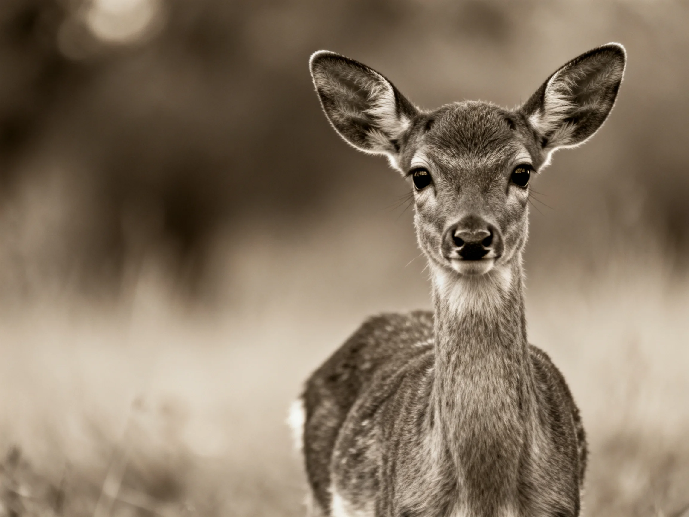 A young deer with prominent ears in a sepia natural landscape