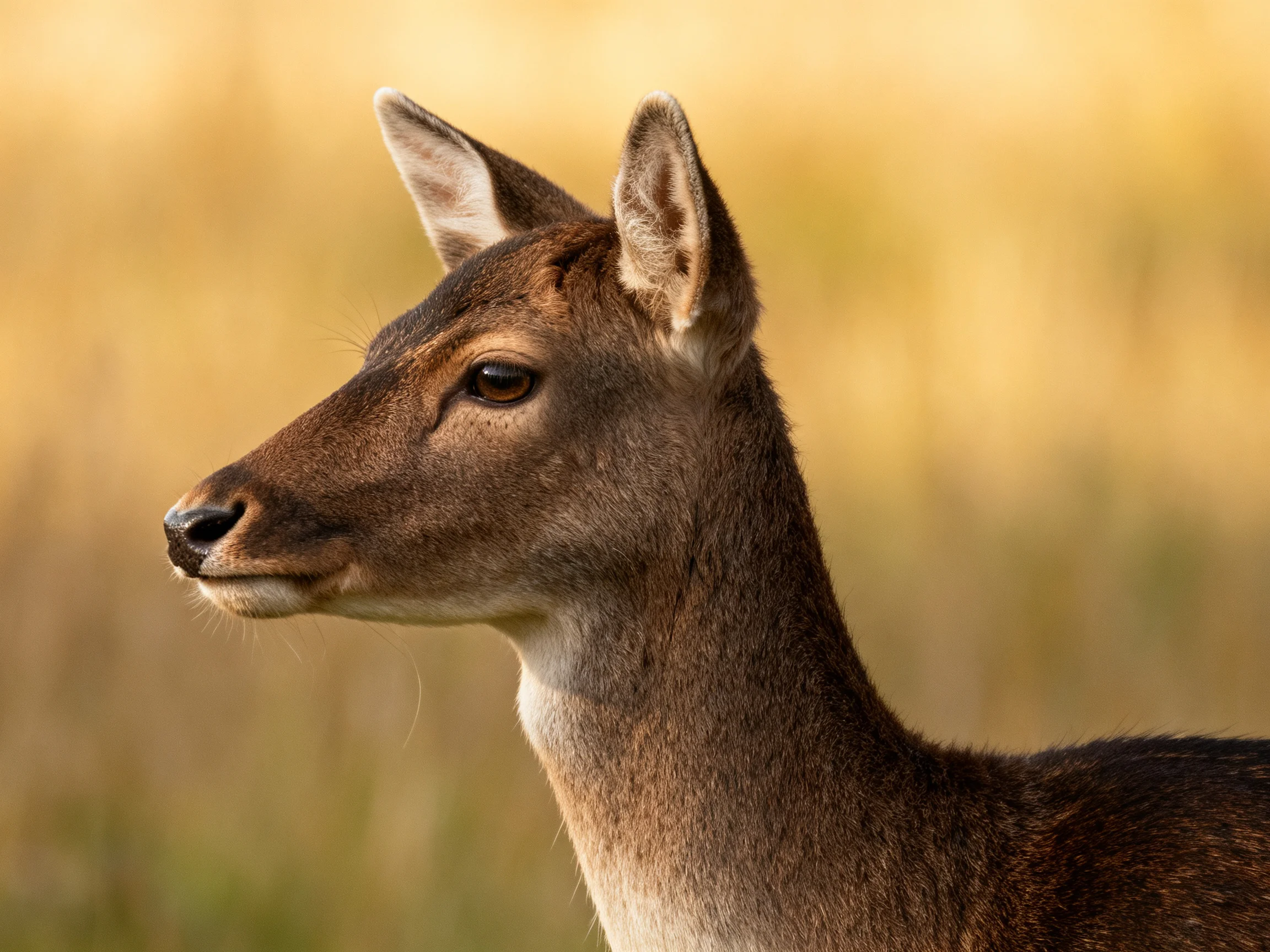 A young deer with brown fur is depicted in profile amidst a sunlit golden landscape.