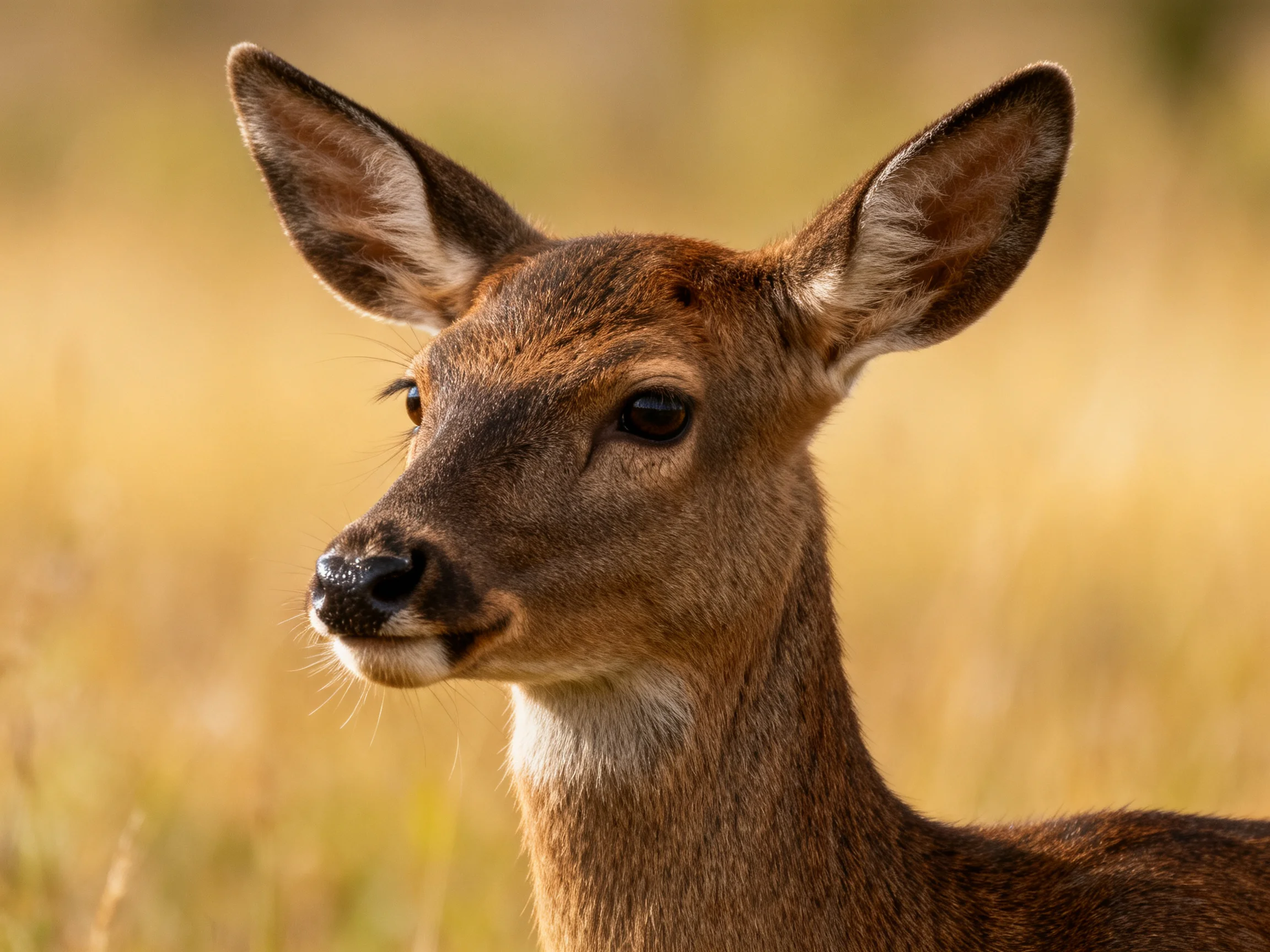 A young deer with rich brown fur in a sunlit golden meadow