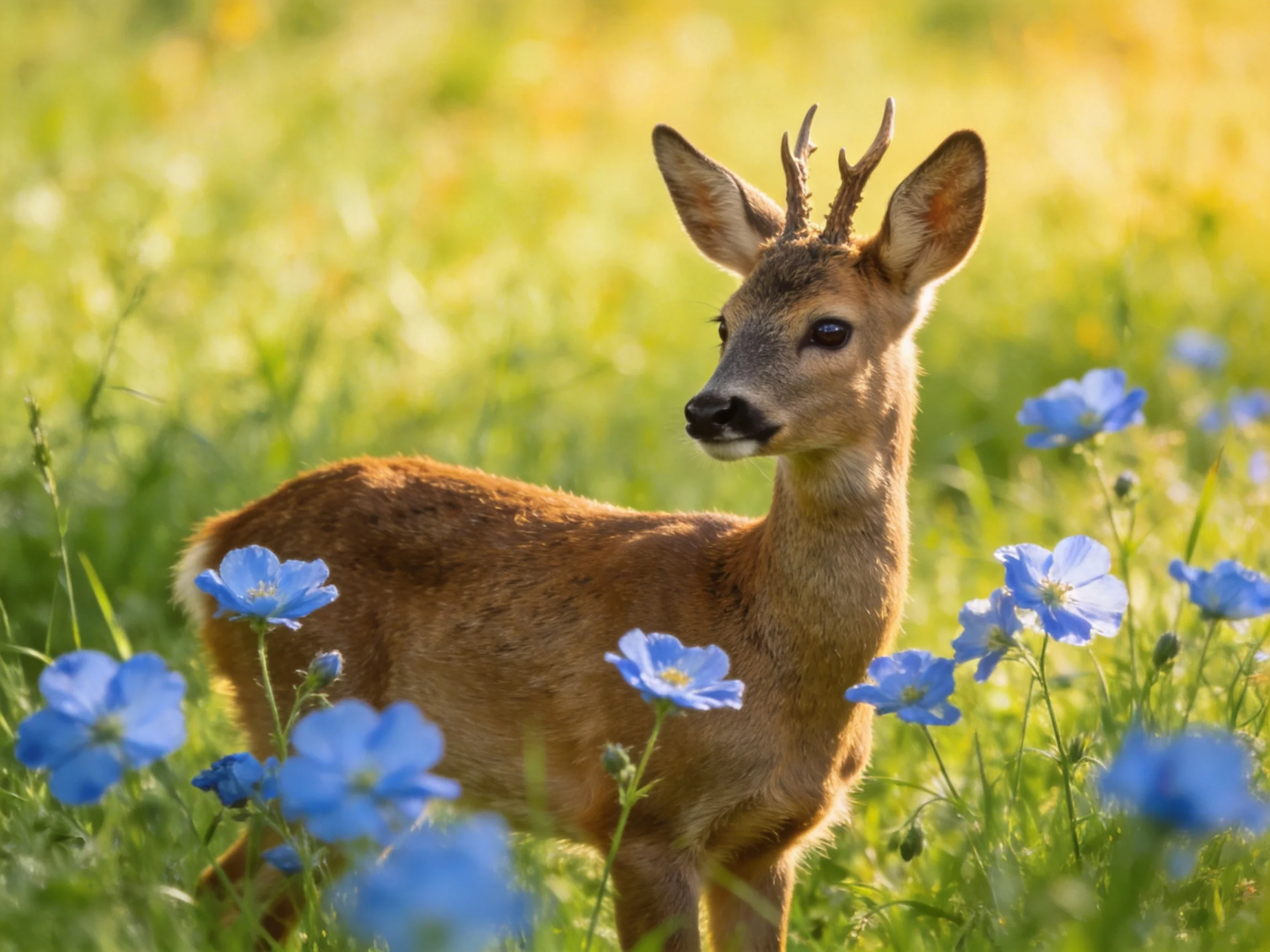 A young deer with small antlers is surrounded by blue flowers in a sunlit meadow.