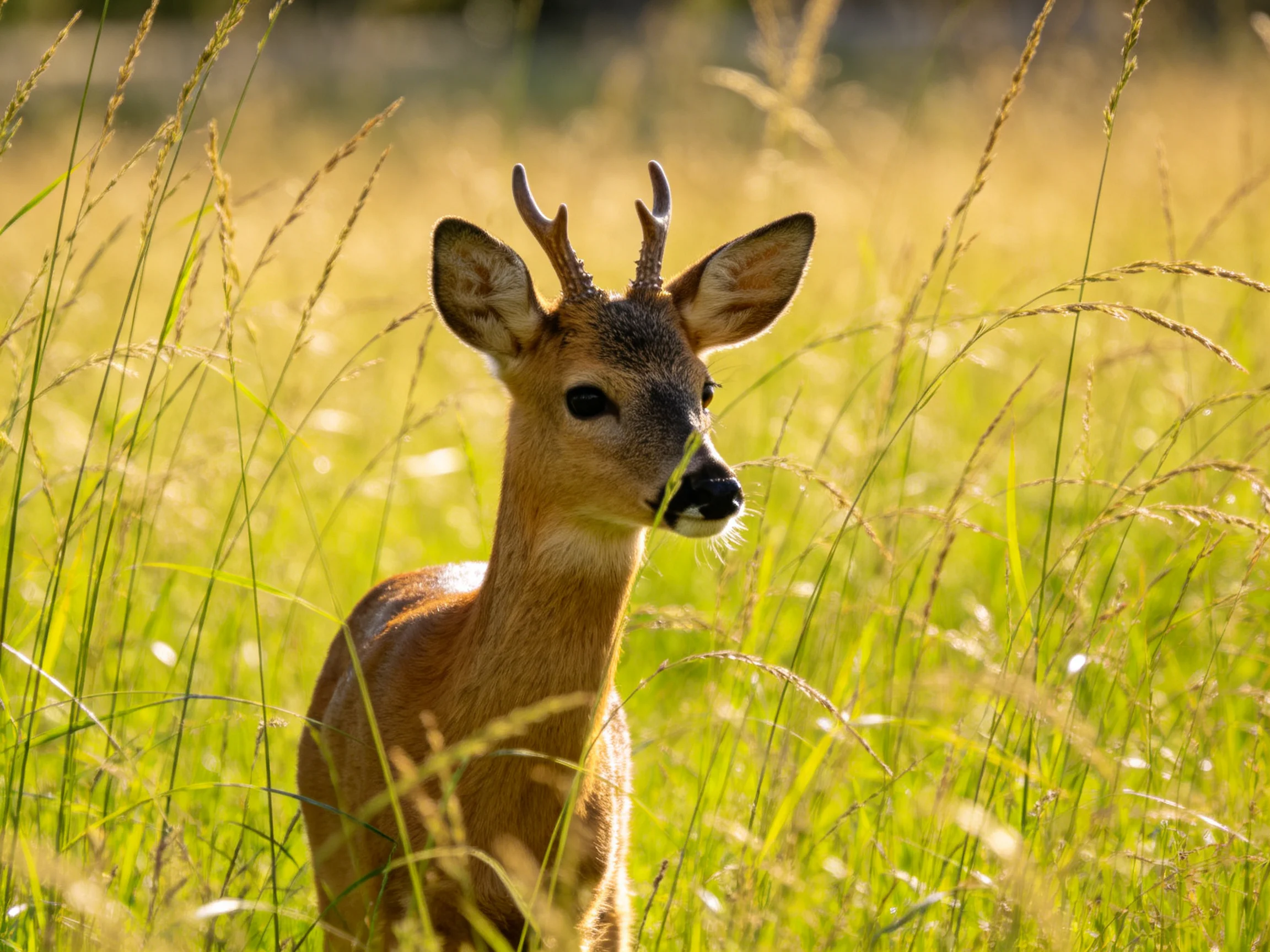 A young deer with small antlers is in a sunlit meadow of tall grass.