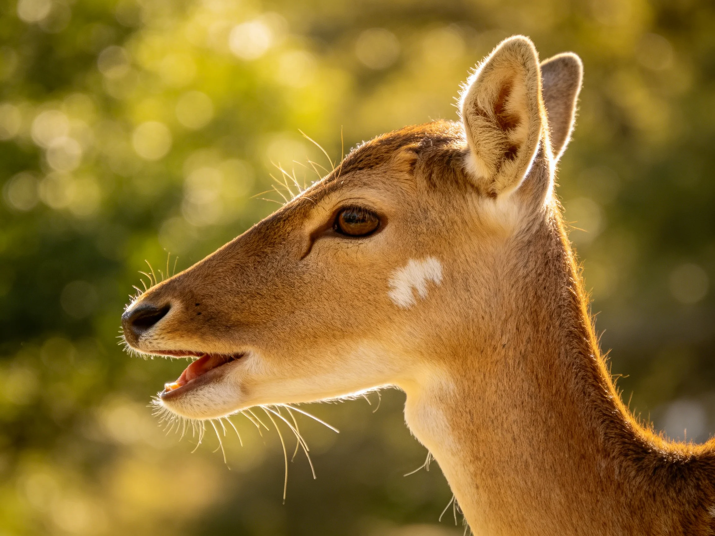 A young deer with tan fur and a white facial patch in a sunlit natural setting