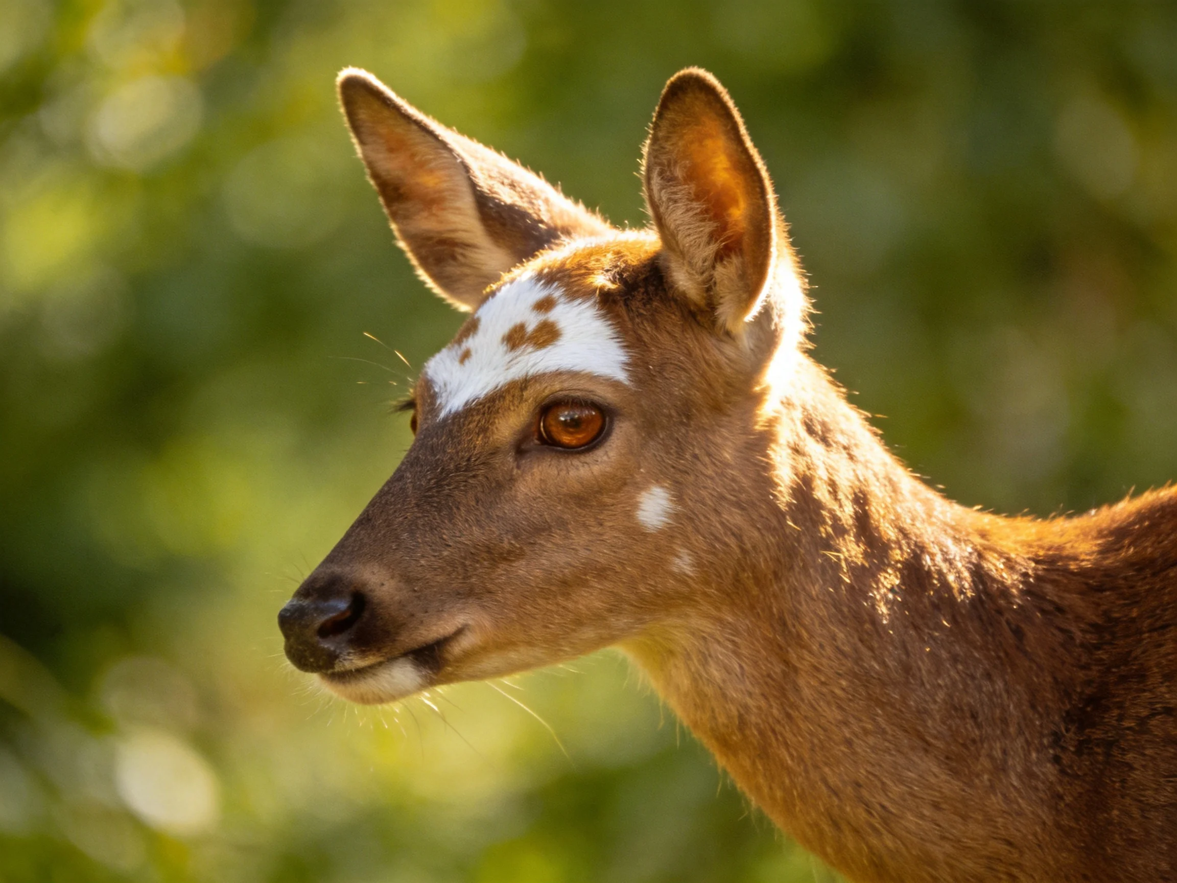 A young deer with white facial spots in a sunlit forest