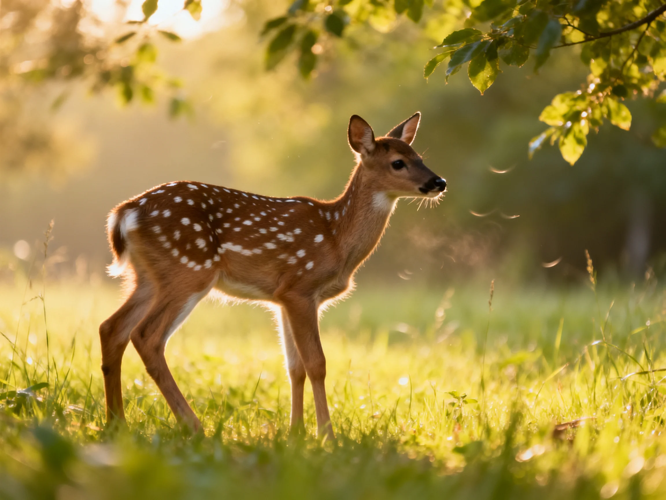 A young deer with white spots in a sunlit grassy field