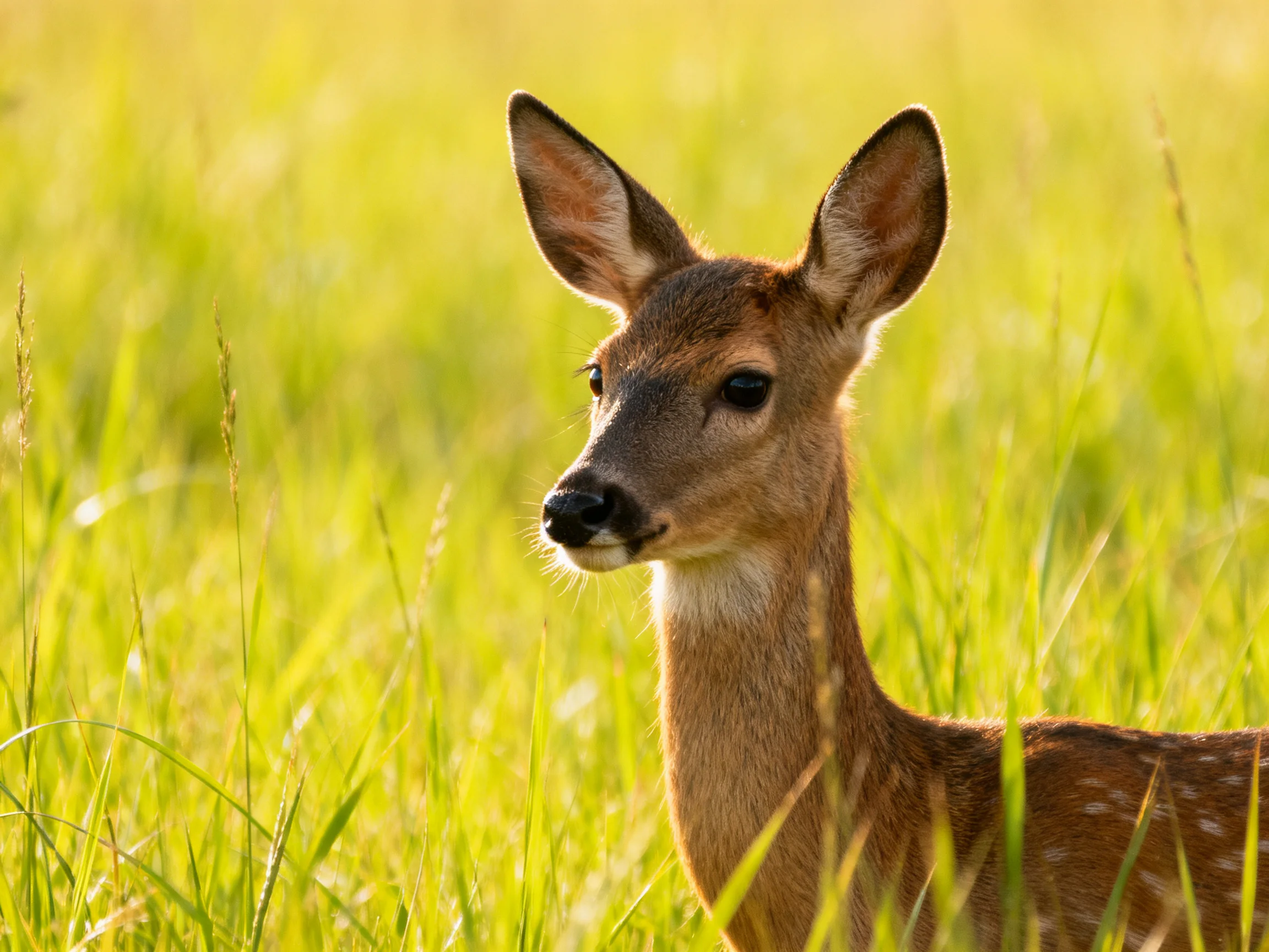 A young deer with white spots in lush green meadow grass