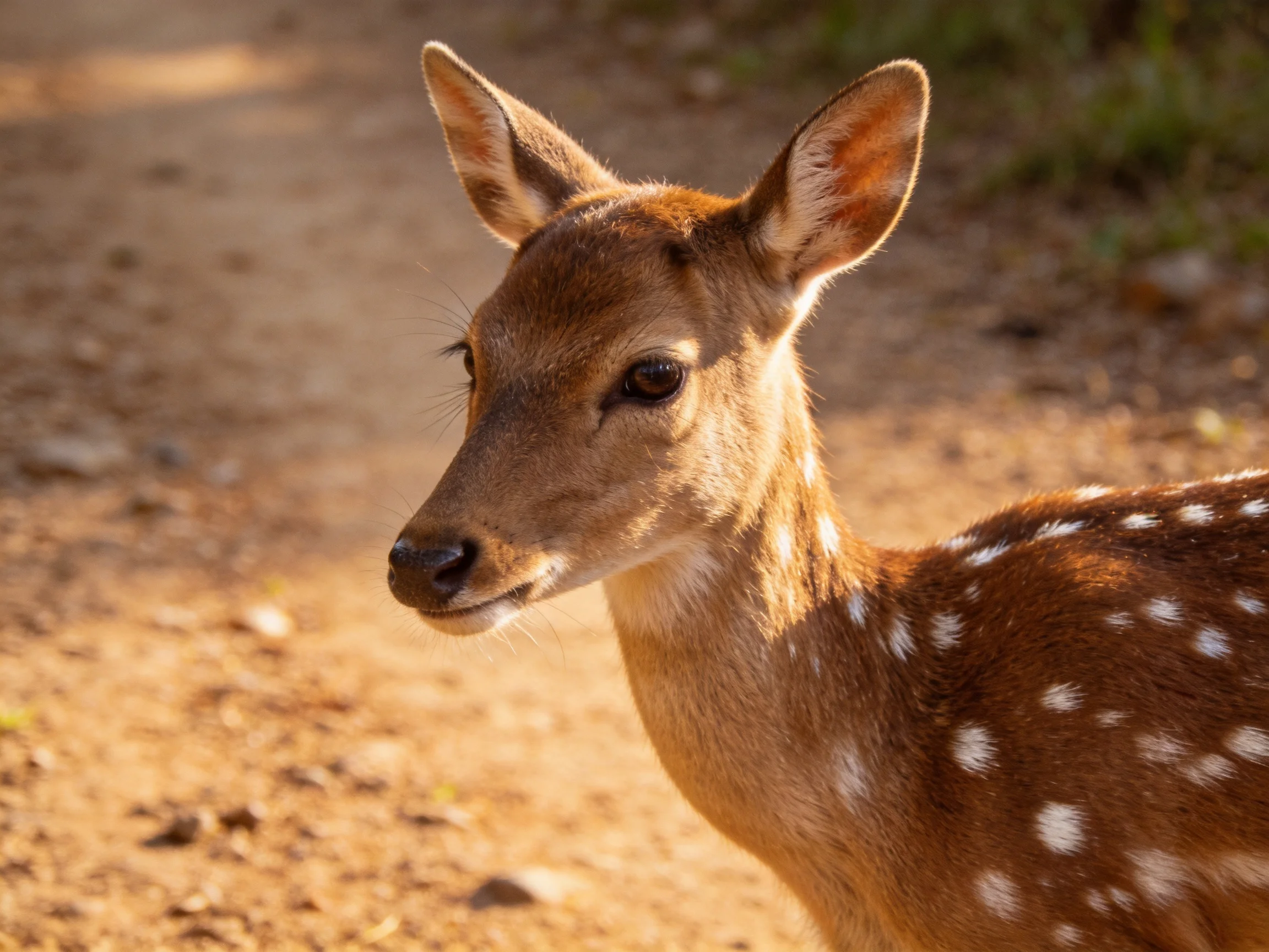 A young deer with white spots on a sunlit dirt path