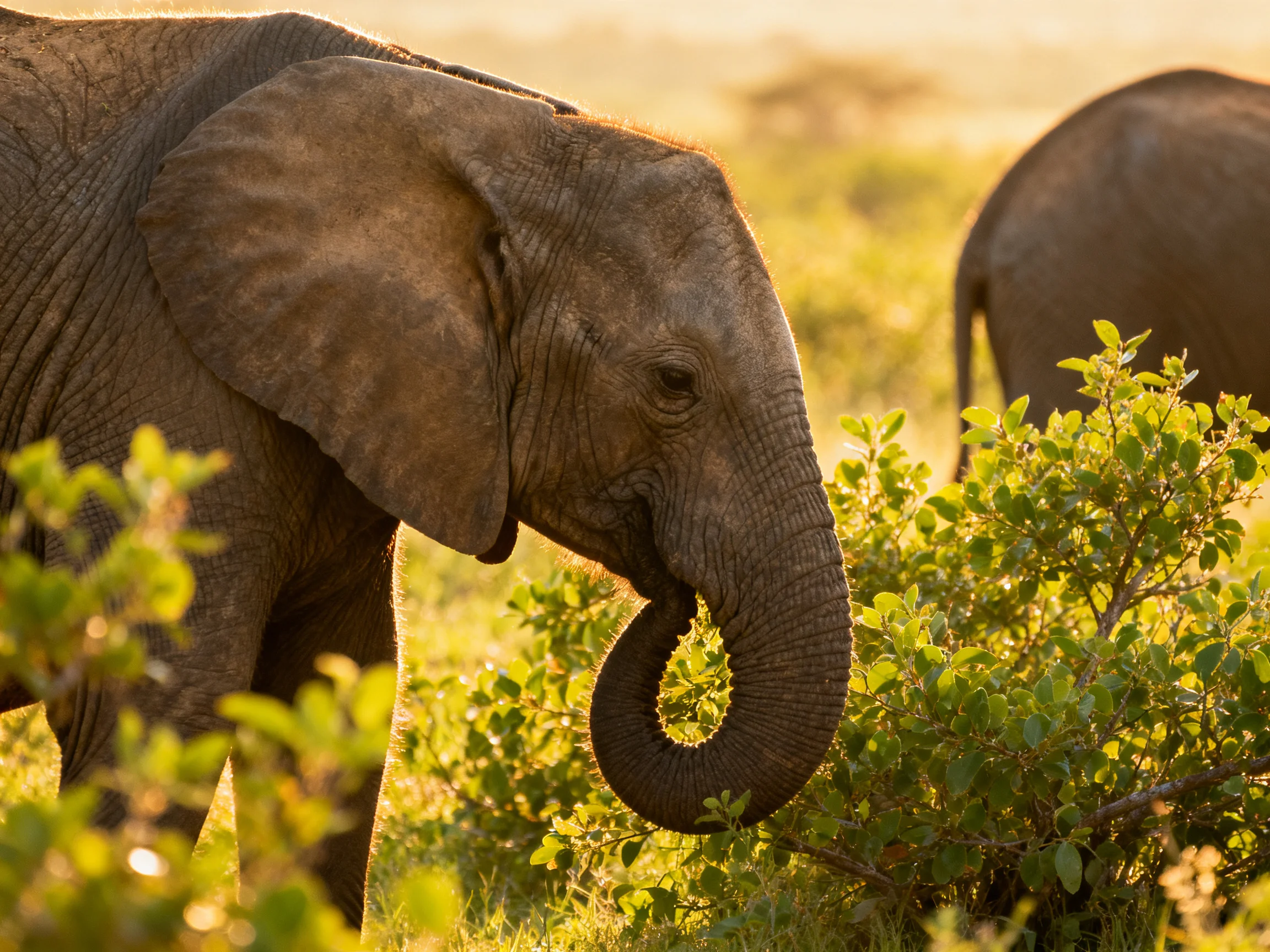 A young elephant feeds from green bushes in golden savannah light