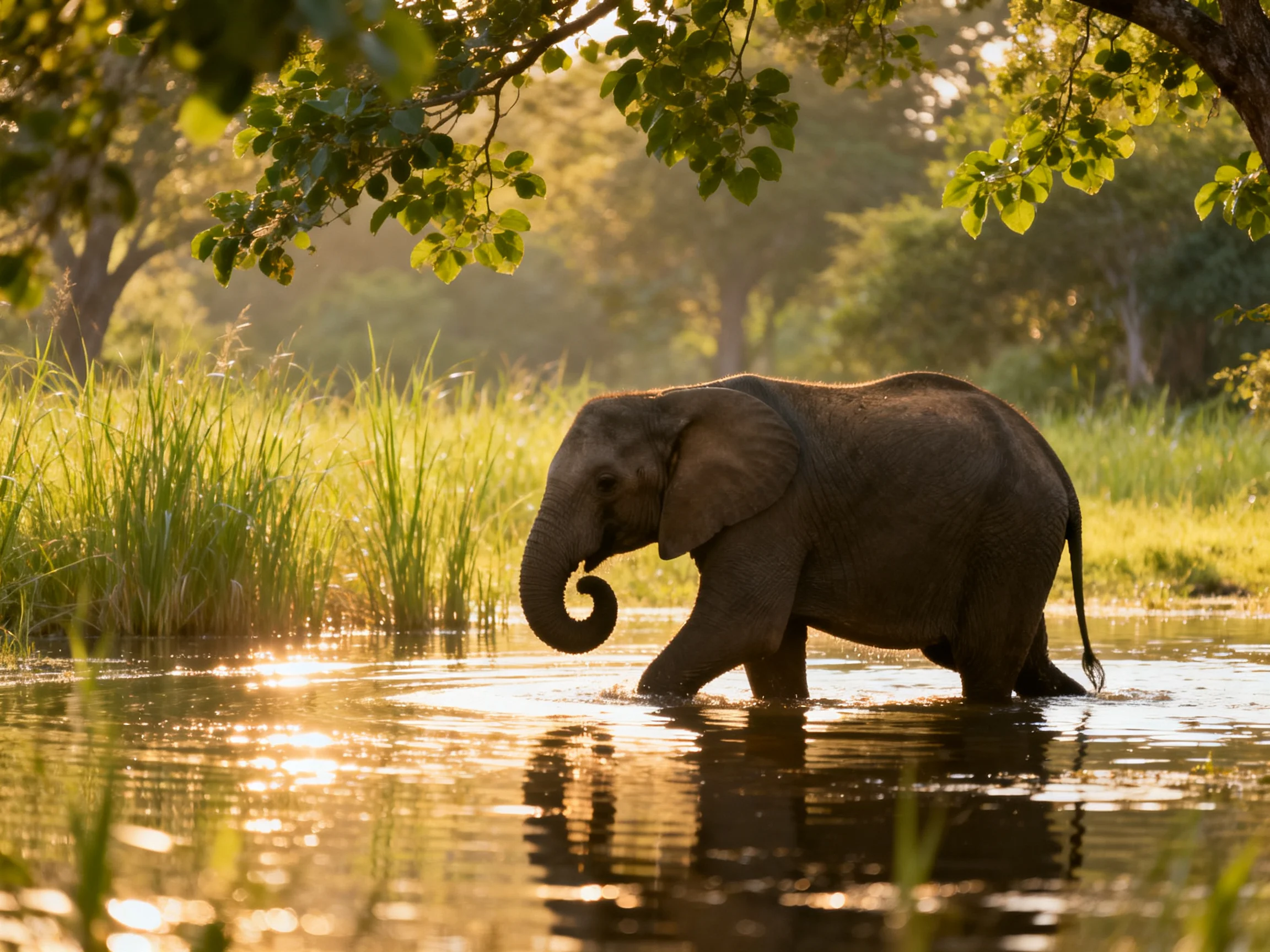 A young elephant wades through golden-hued waters near lush greenery